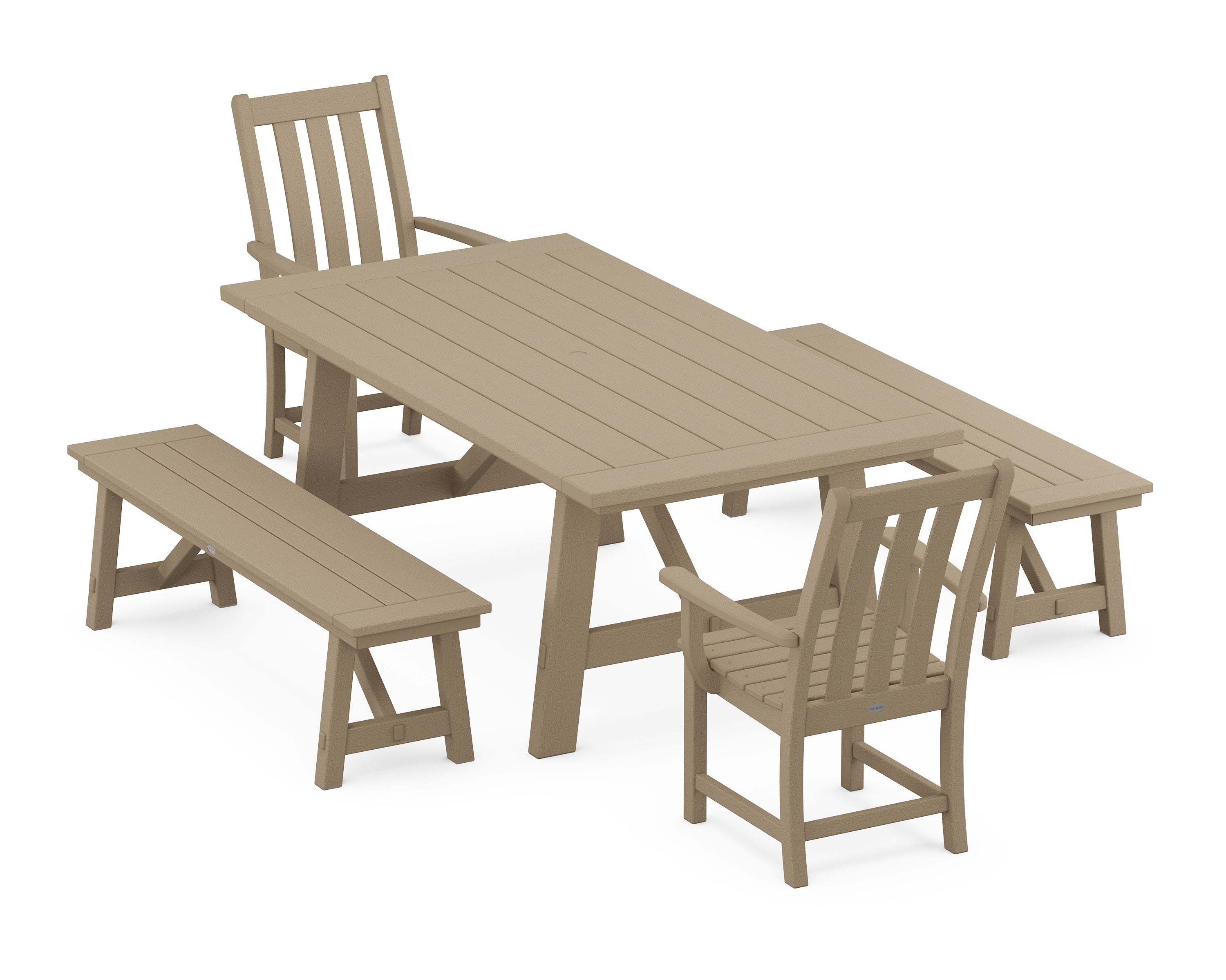 POLYWOOD® Vineyard 5-Piece Rustic Farmhouse Dining Set With Benches in Vintage Sahara