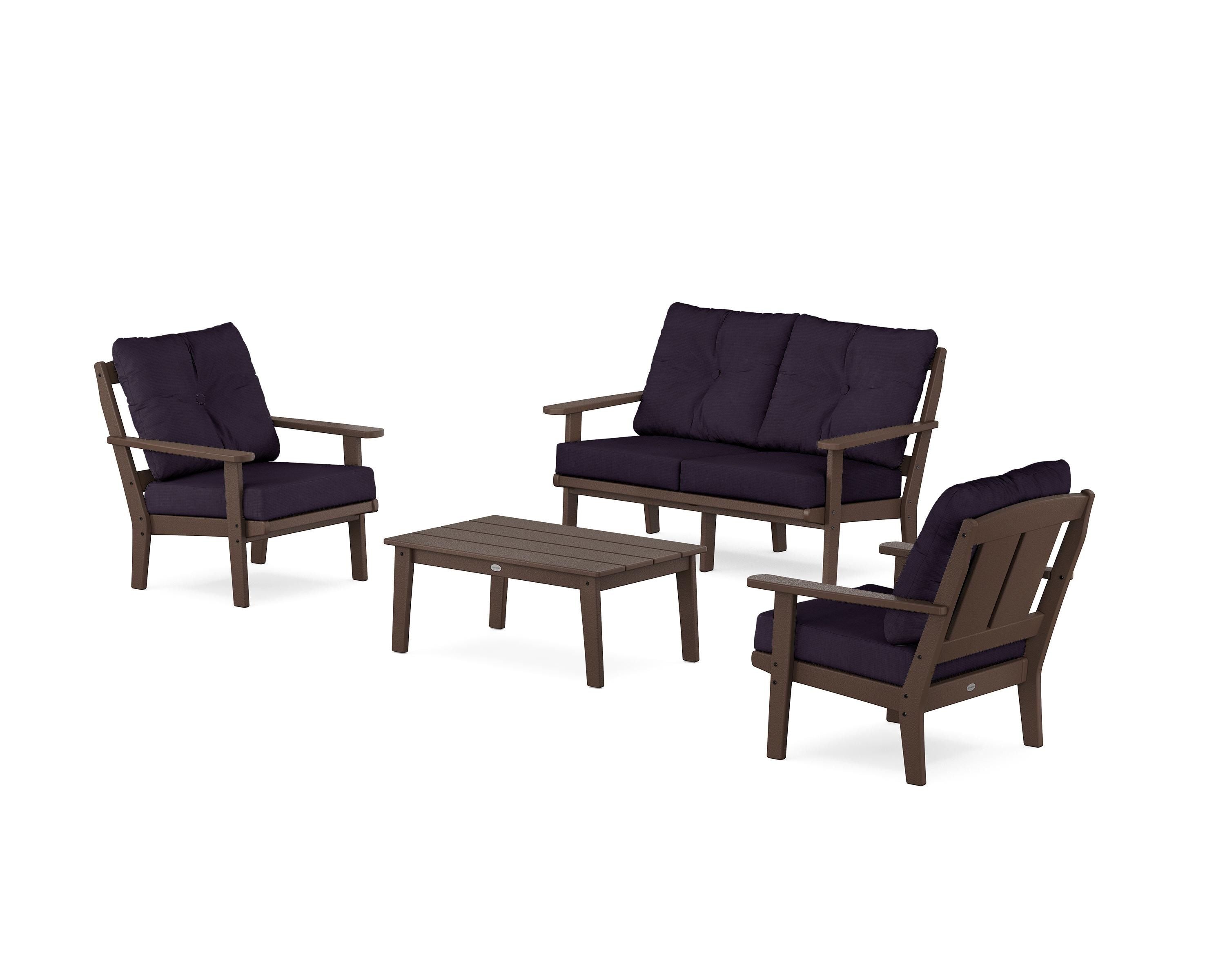 POLYWOOD Mission 4-Piece Deep Seating Set with Loveseat in Mahogany / Navy Linen