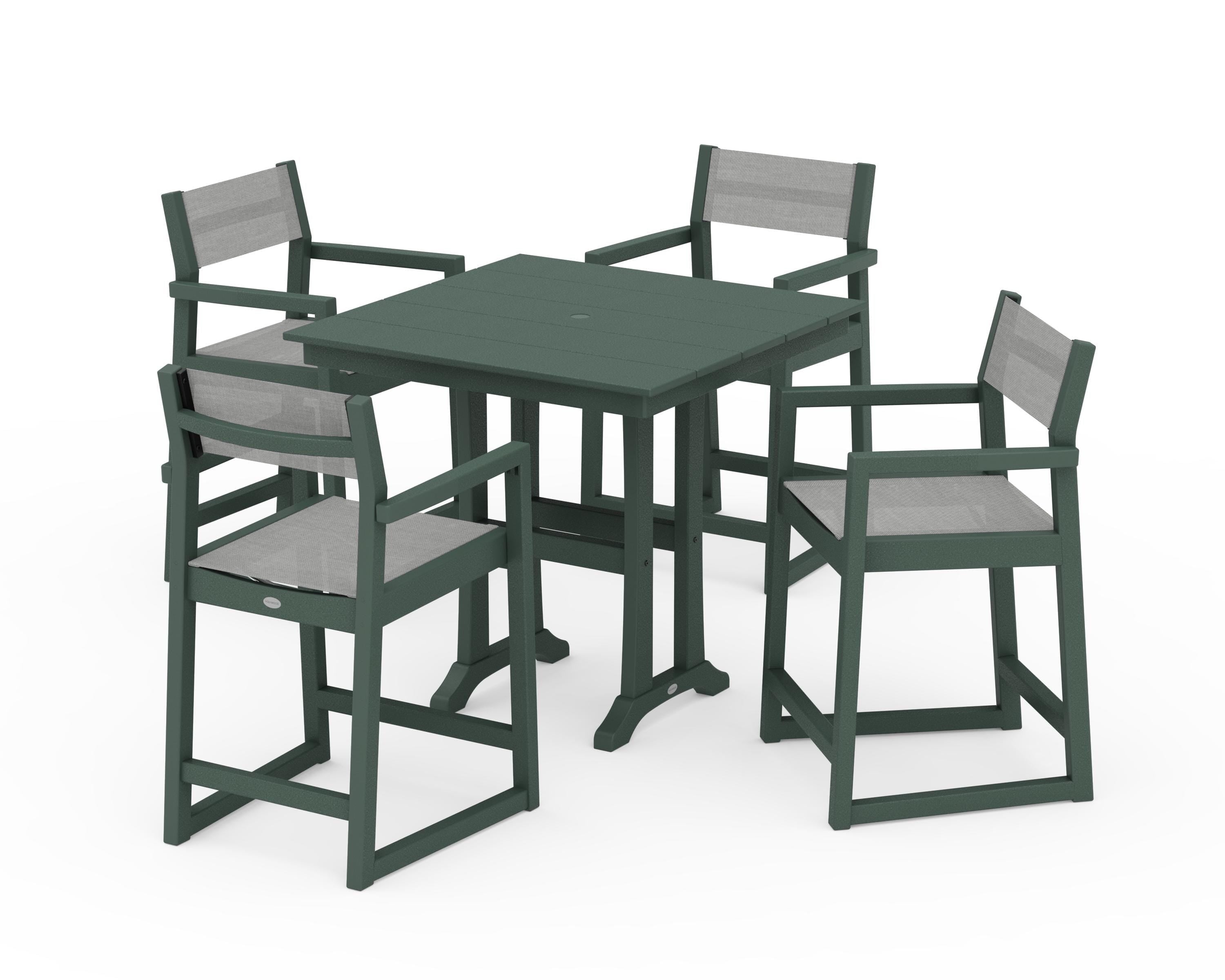 POLYWOOD EDGE Sling Arm Chair 5-Piece Farmhouse Counter Set with Trestle Legs in Green / Metallic Sling