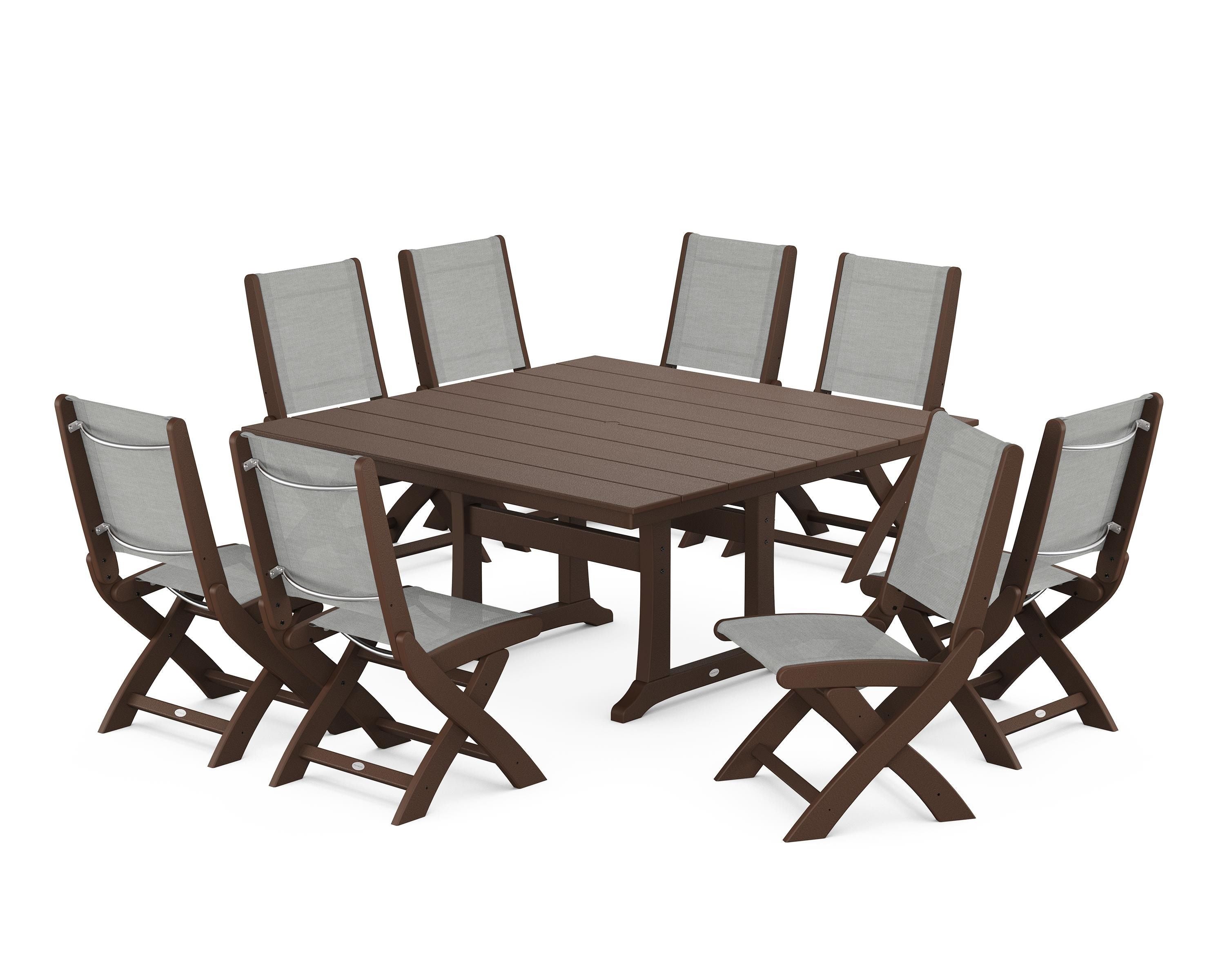 POLYWOOD Coastal Folding Side Chair 9-Piece Farmhouse Dining Set in Mahogany / Metallic Sling