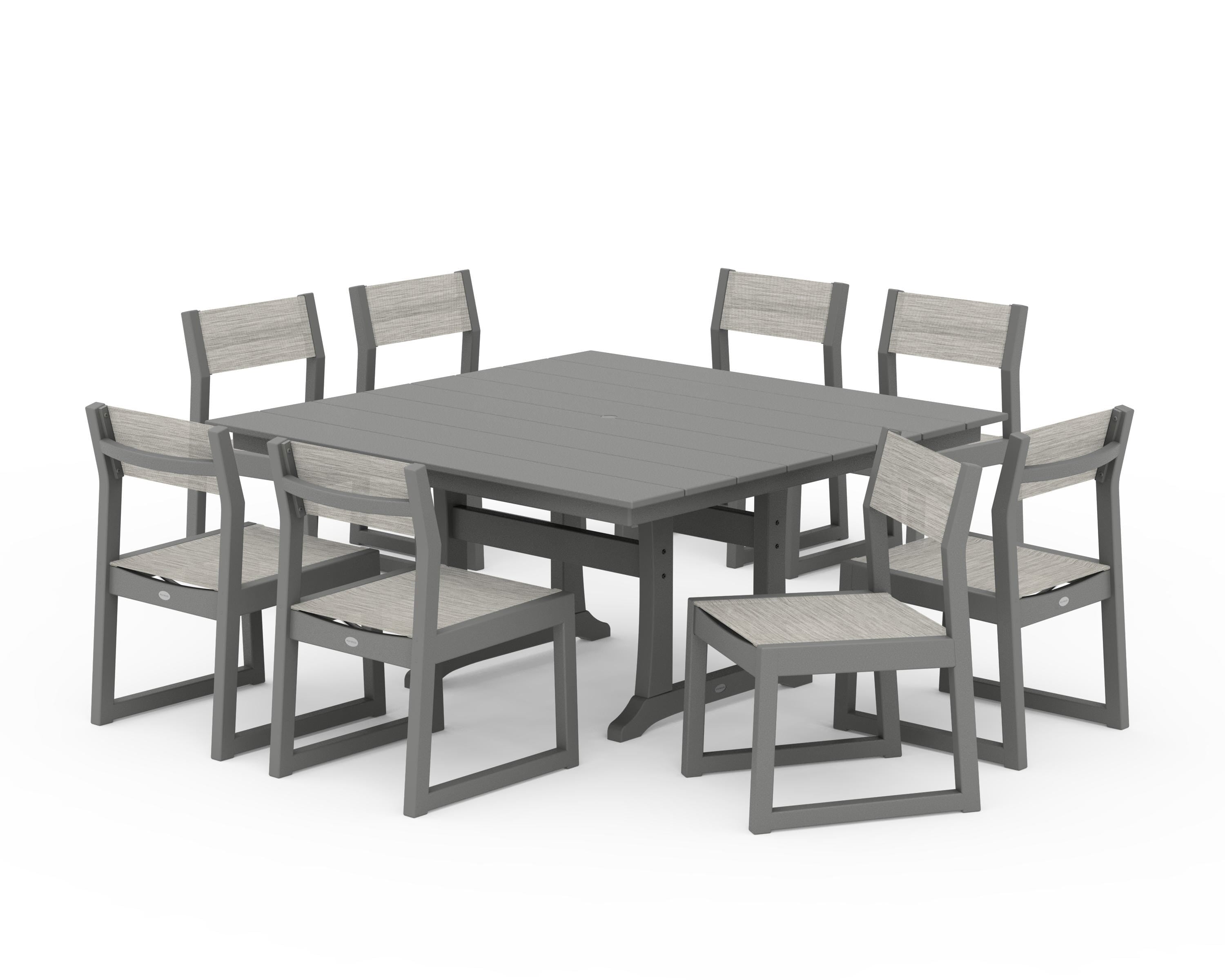 POLYWOOD EDGE Sling Side Chair 9-Piece Farmhouse Trestle Dining Set in Slate Grey / Birch Sling