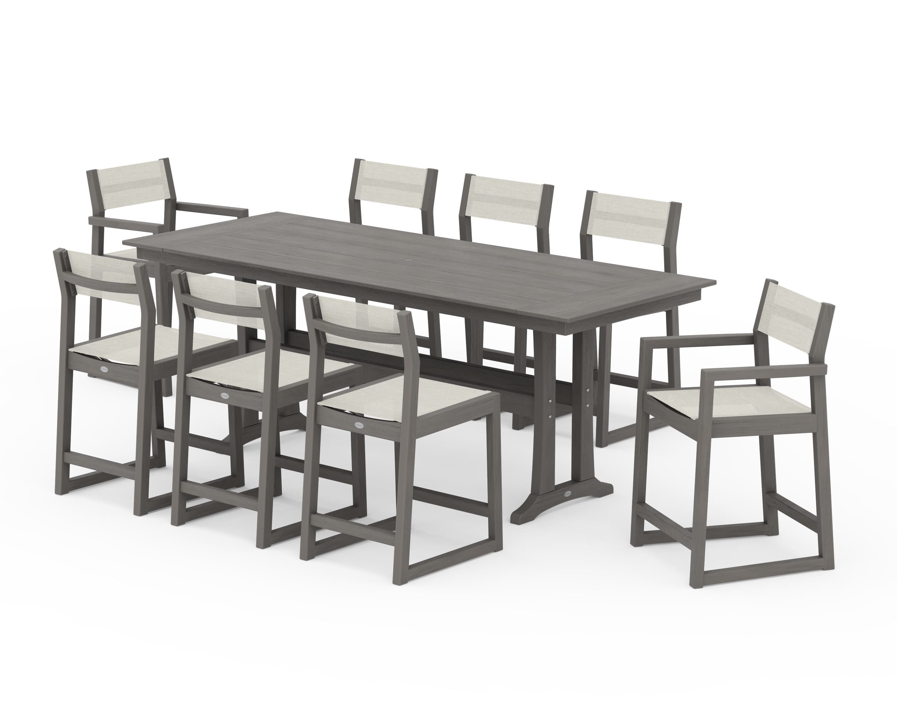 POLYWOOD EDGE Sling 9-Piece Farmhouse Counter Set with Trestle Legs in Driftwood / Parchment Sling