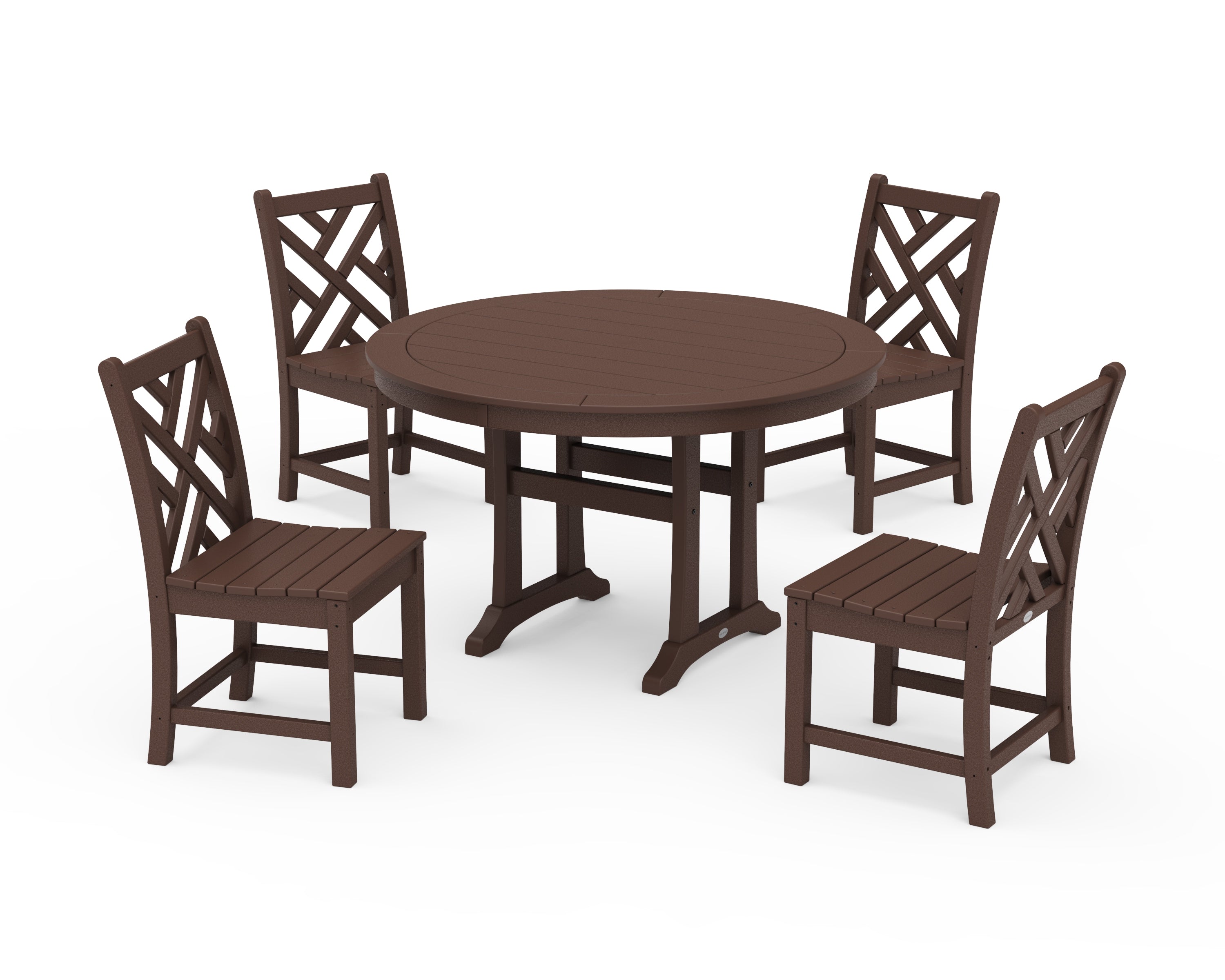 POLYWOOD Chippendale Side Chair 5-Piece Round Dining Set With Trestle Legs in Mahogany