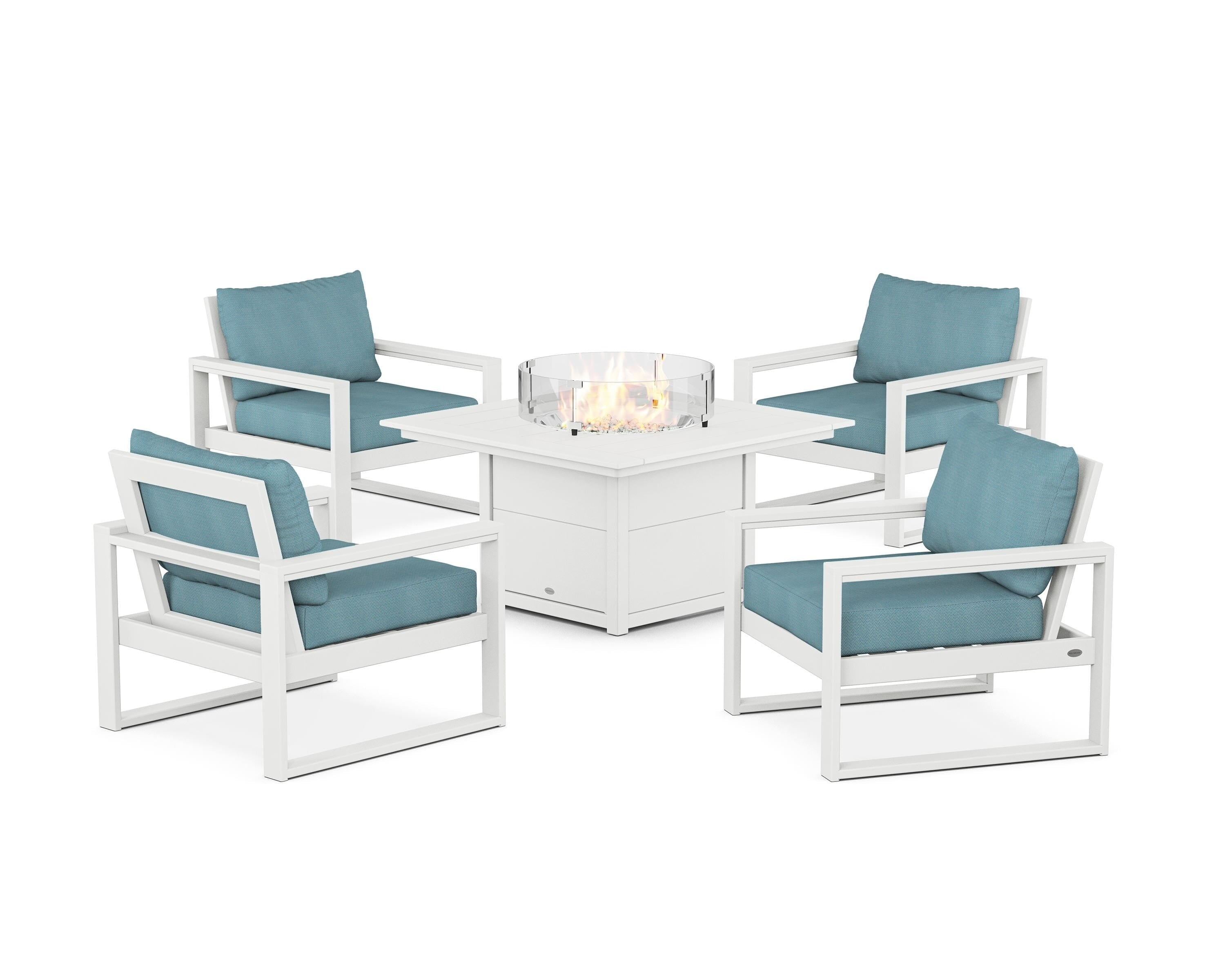 POLYWOOD EDGE Sectional 5-Piece Deep Seating Set with Fire Pit Table in White / Lattice Sky Blue