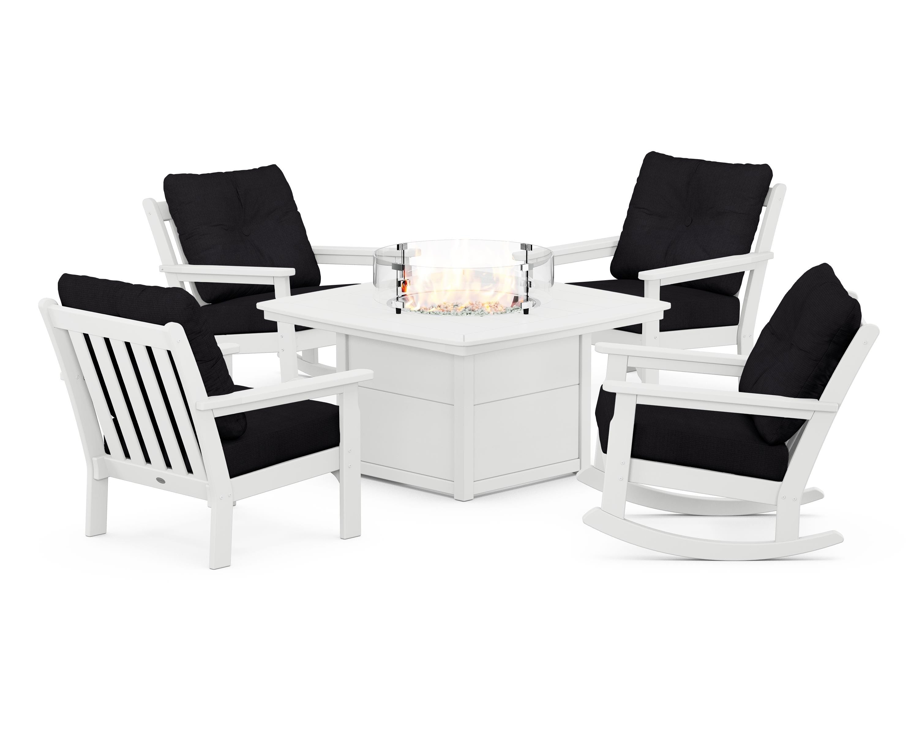 POLYWOOD Vineyard 5-Piece Deep Seating Rocking Chair Conversation Set with Fire Pit Table in White / Midnight Linen