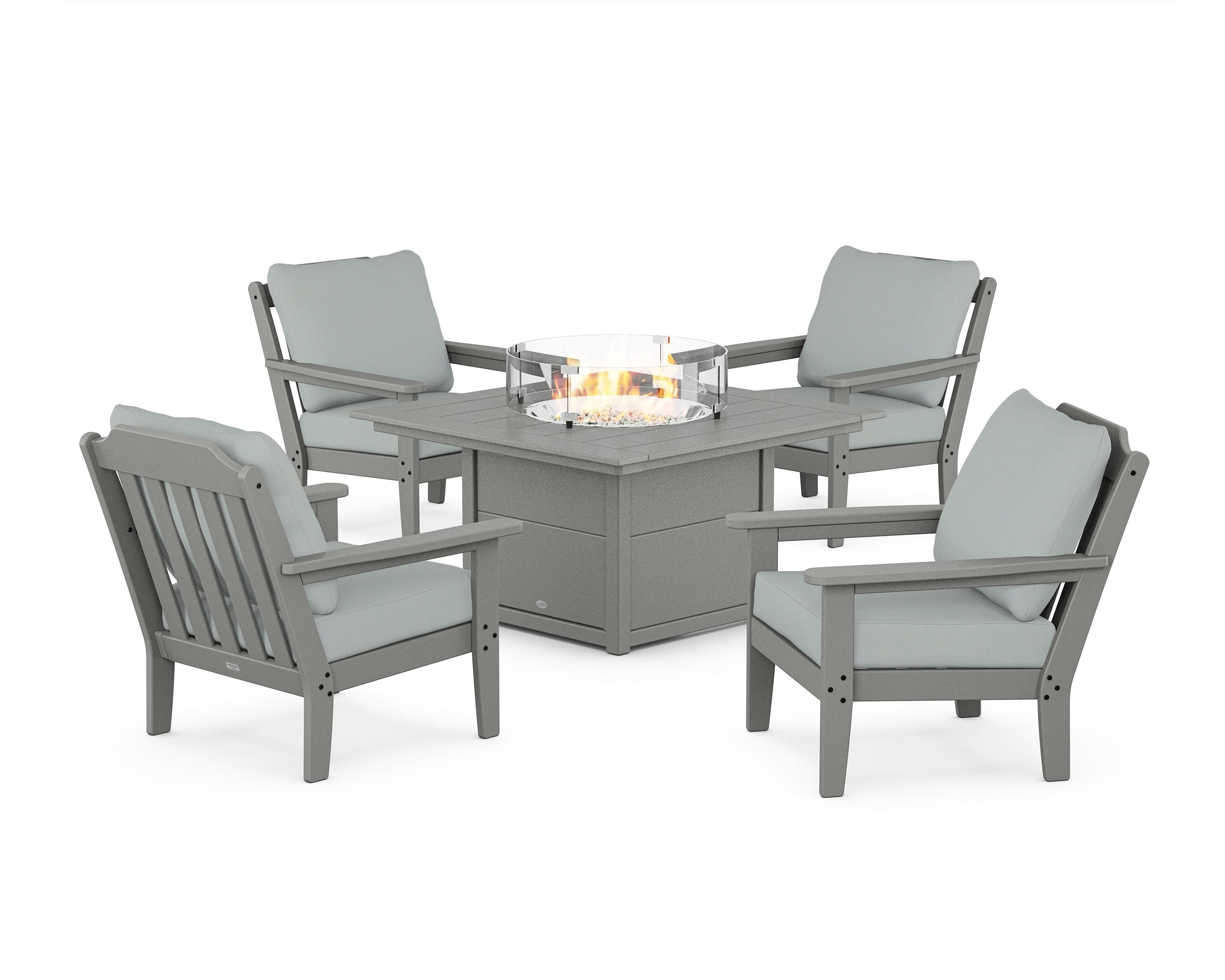 Country Living Cottage 5-Piece Deep Seating Set with Fire Pit Table in Slate Grey / Spa