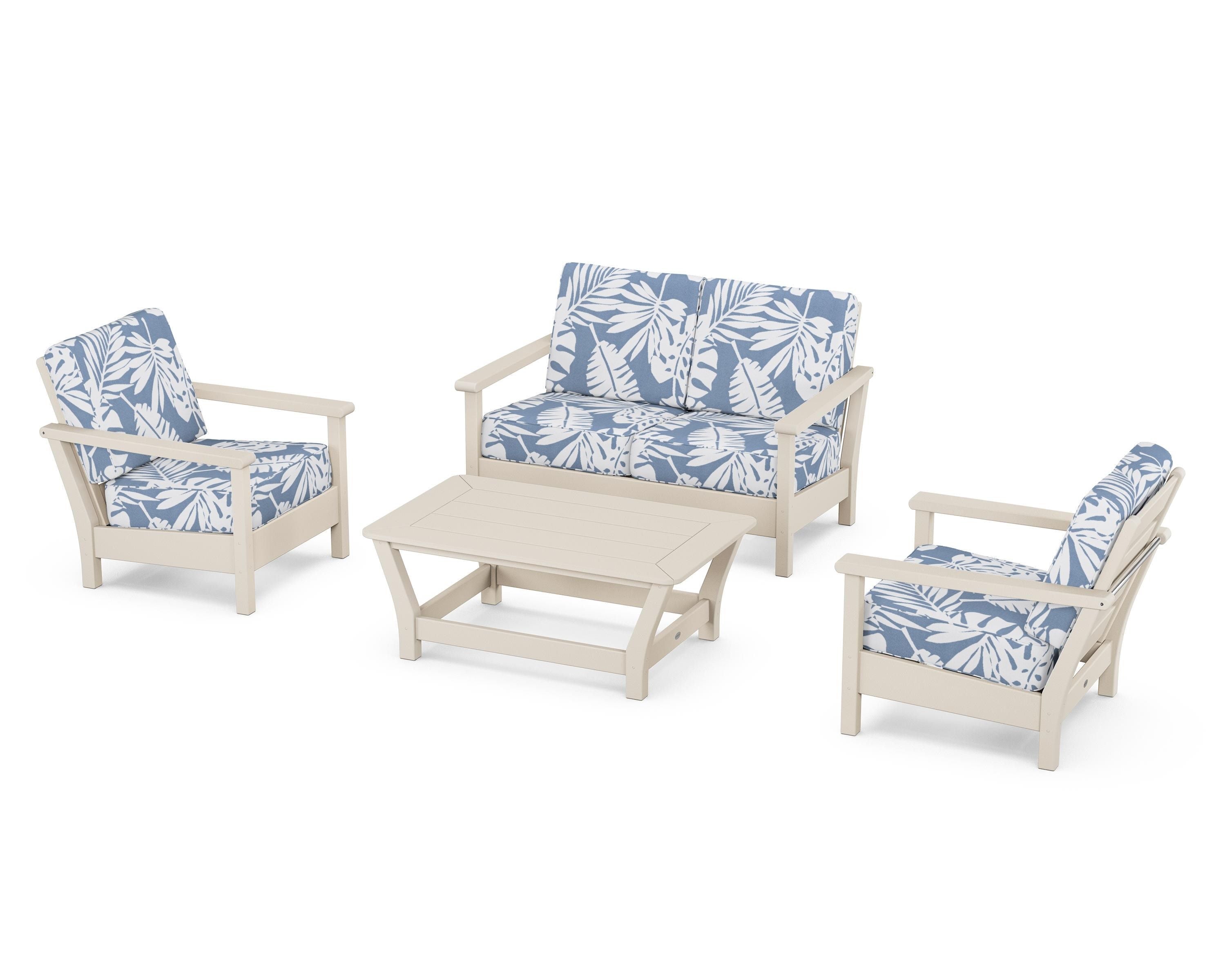 POLYWOOD Harbour 4-Piece Deep Seating Set in Sand / Leaf Sky Blue