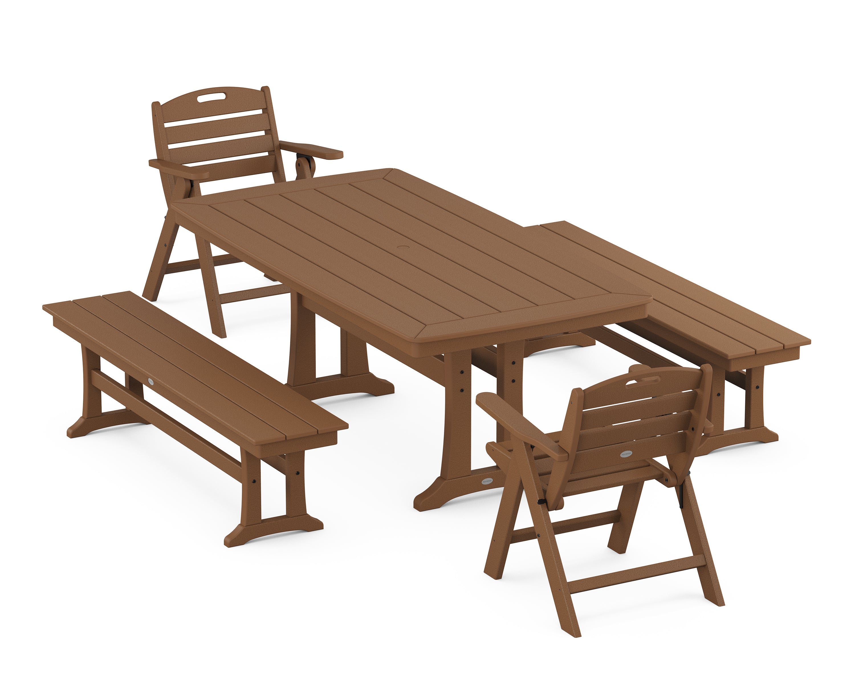 POLYWOOD® Nautical Folding Lowback Chair 5-Piece Dining Set with Trestle Legs and Benches in Teak