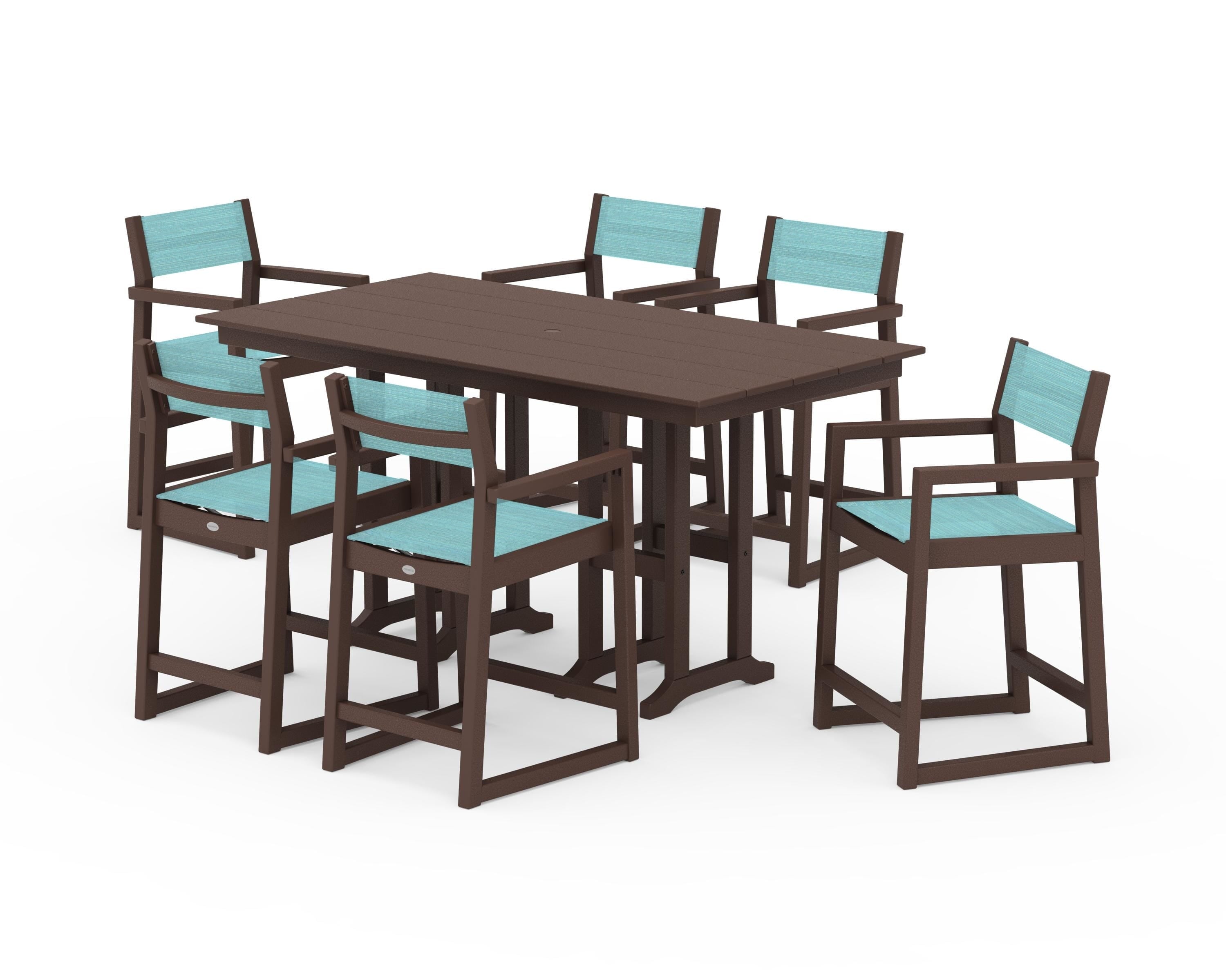 POLYWOOD EDGE Sling Arm Chair 7-Piece Farmhouse Counter Set in Mahogany / Dupioni Aquamarine Sling