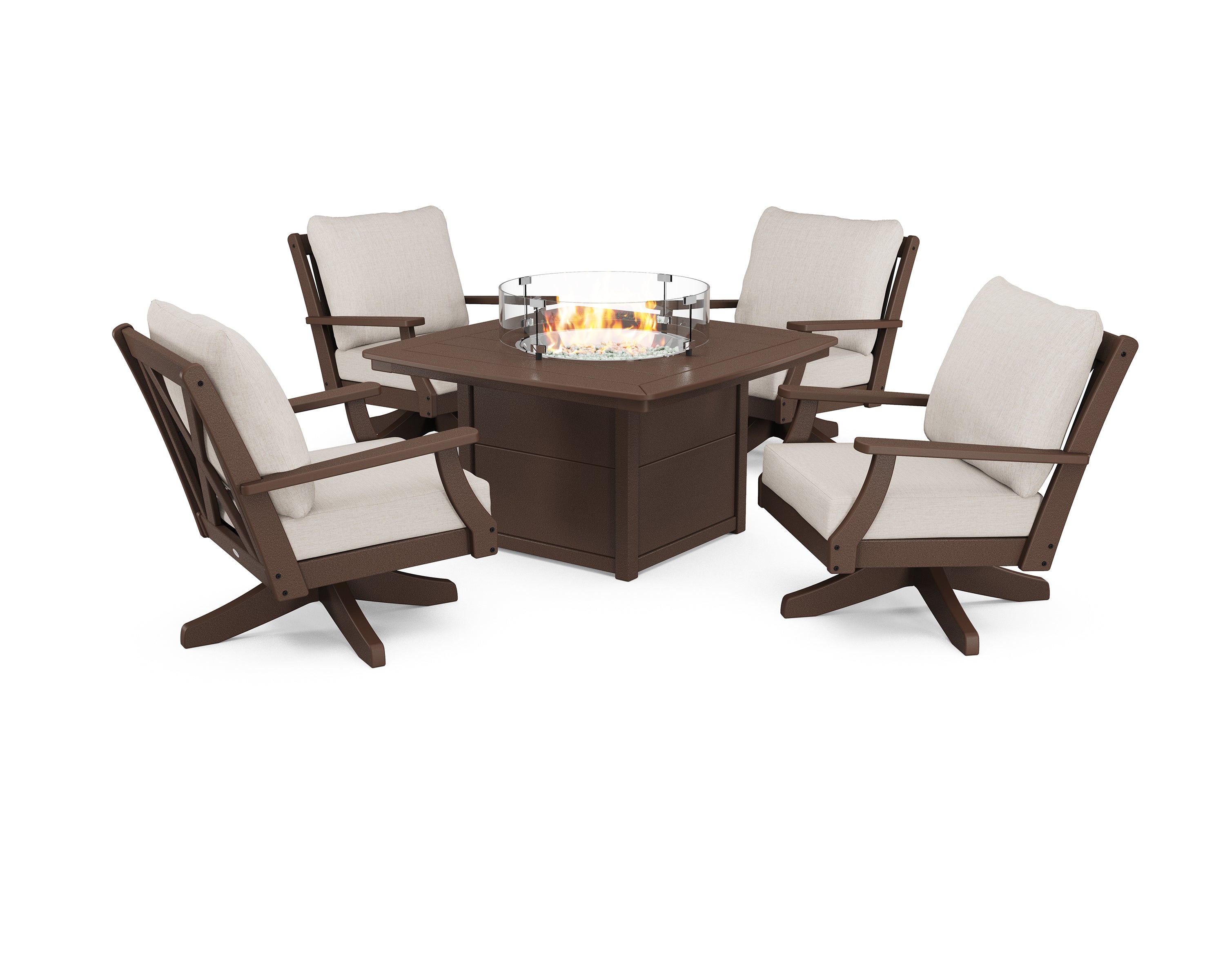 POLYWOOD Braxton 5-Piece Deep Seating Swivel Conversation Set with Fire Pit Table in Mahogany / Cast Ash