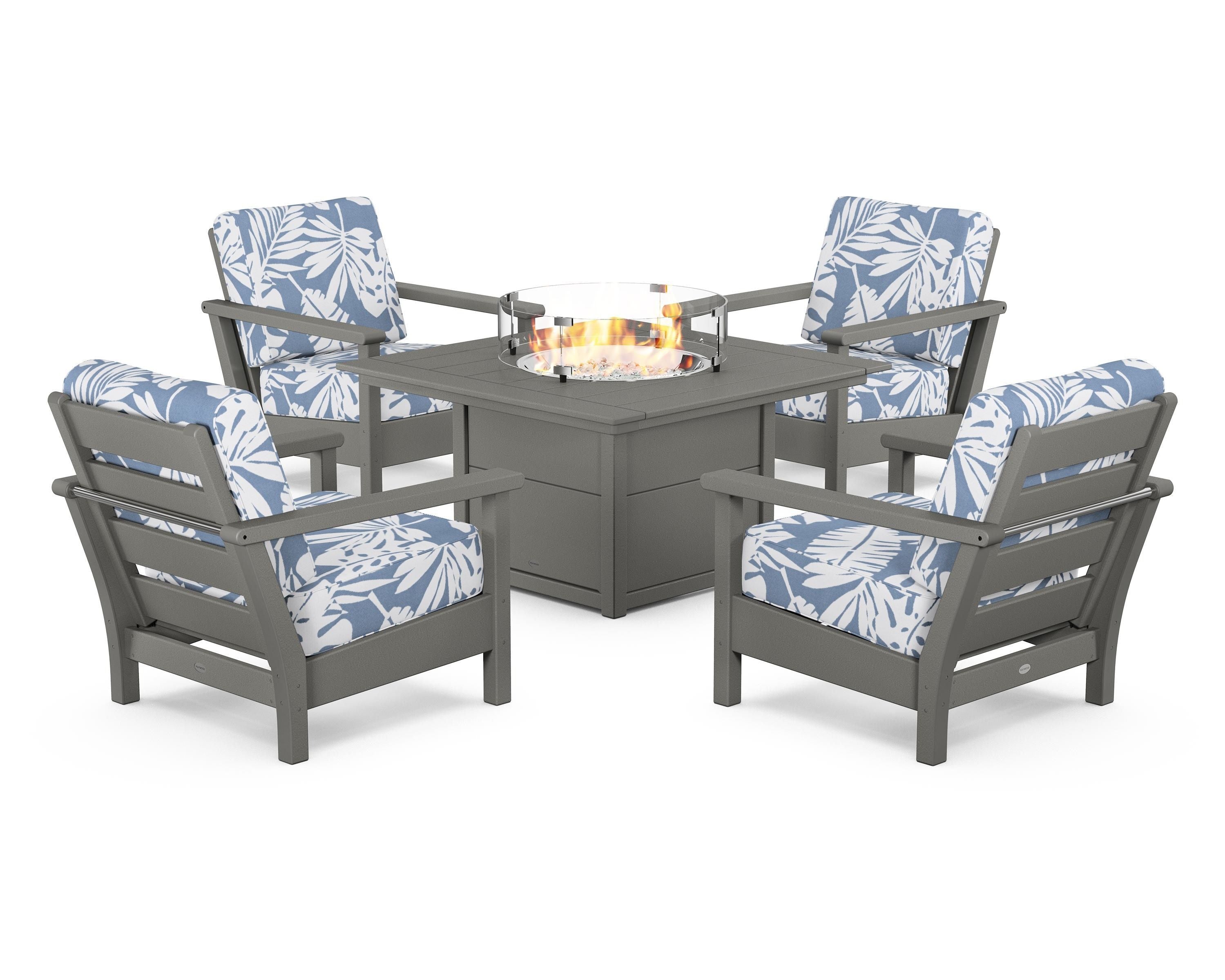 POLYWOOD Harbour 5-Piece Conversation Set with Fire Pit Table in Slate Grey / Leaf Sky Blue