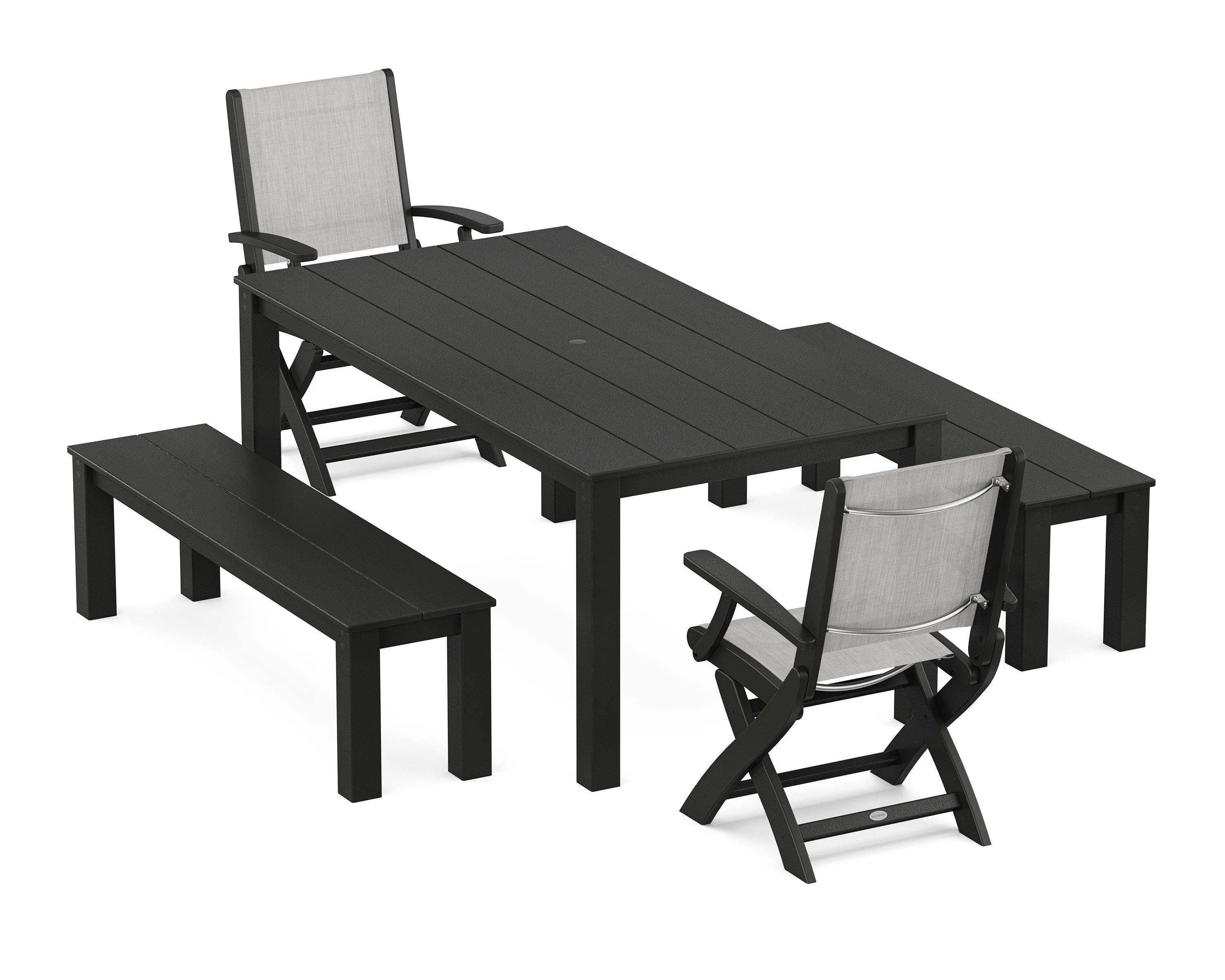 POLYWOOD Coastal Folding Chair 5-Piece Parsons Dining Set with Benches in Black / Parchment Sling