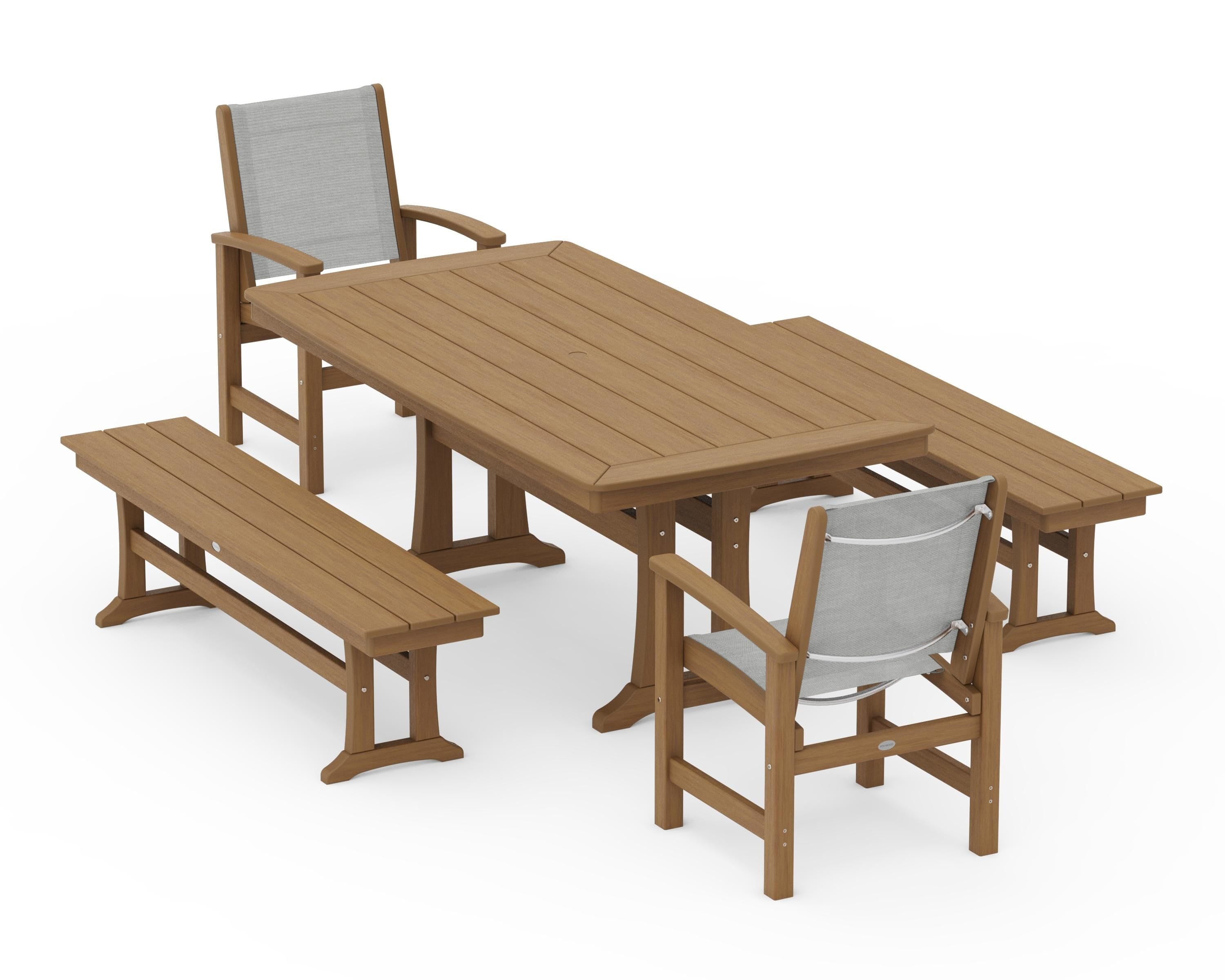 POLYWOOD Coastal 5-Piece Dining Set with Trestle Legs and Benches in Natural / Metallic Sling