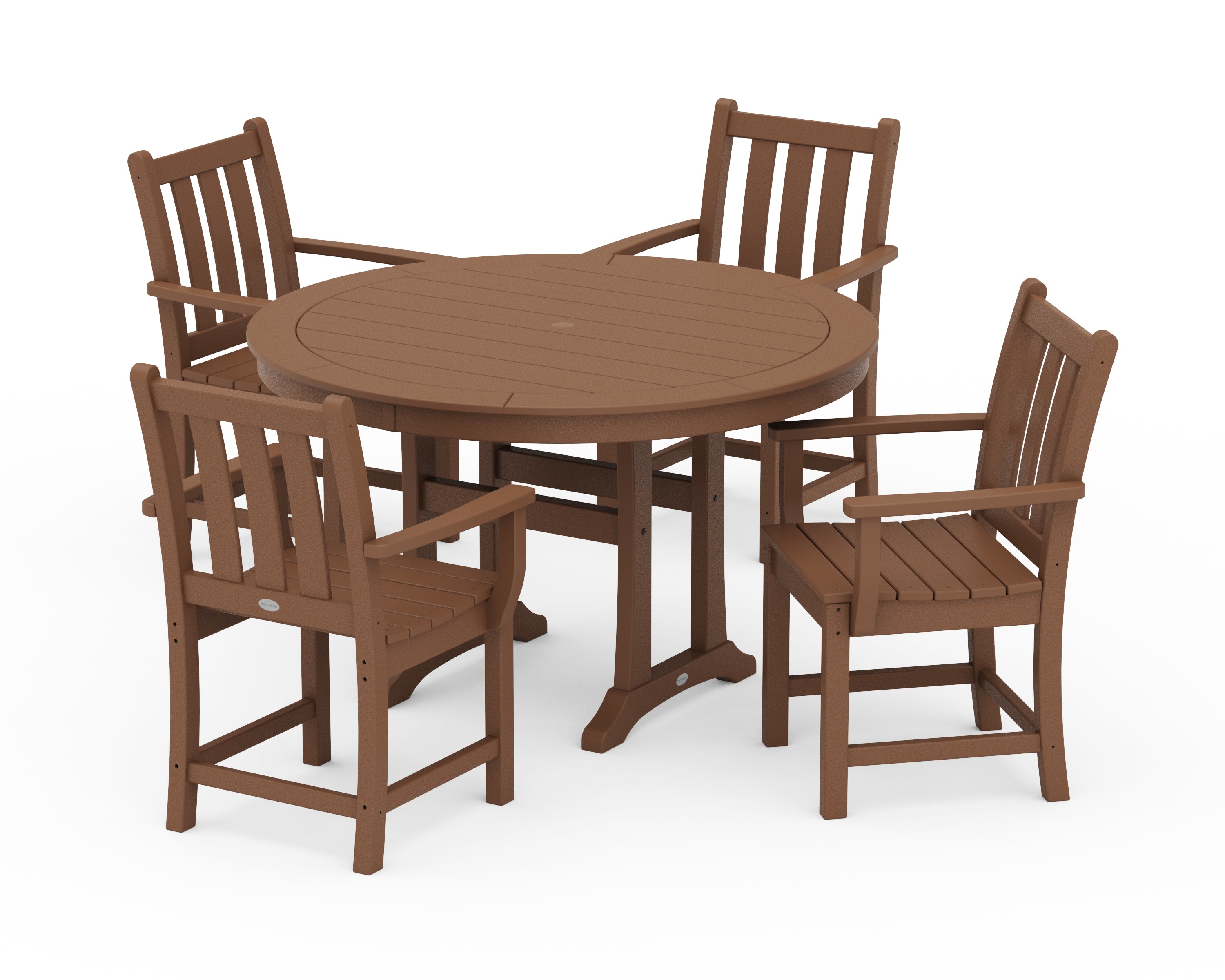 POLYWOOD Traditional Garden 5-Piece Round Dining Set with Trestle Legs in Teak
