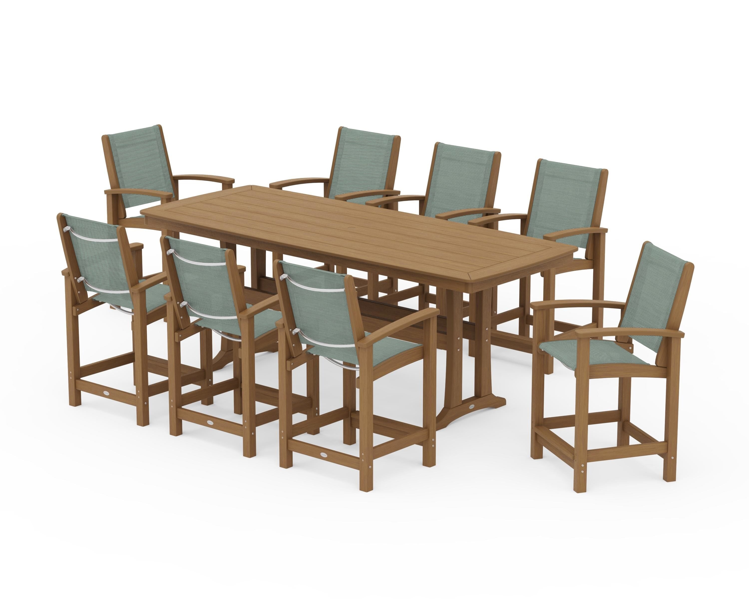 POLYWOOD Coastal 9-Piece Counter Set with Trestle Legs in Natural / Dupioni Sea Mist Sling