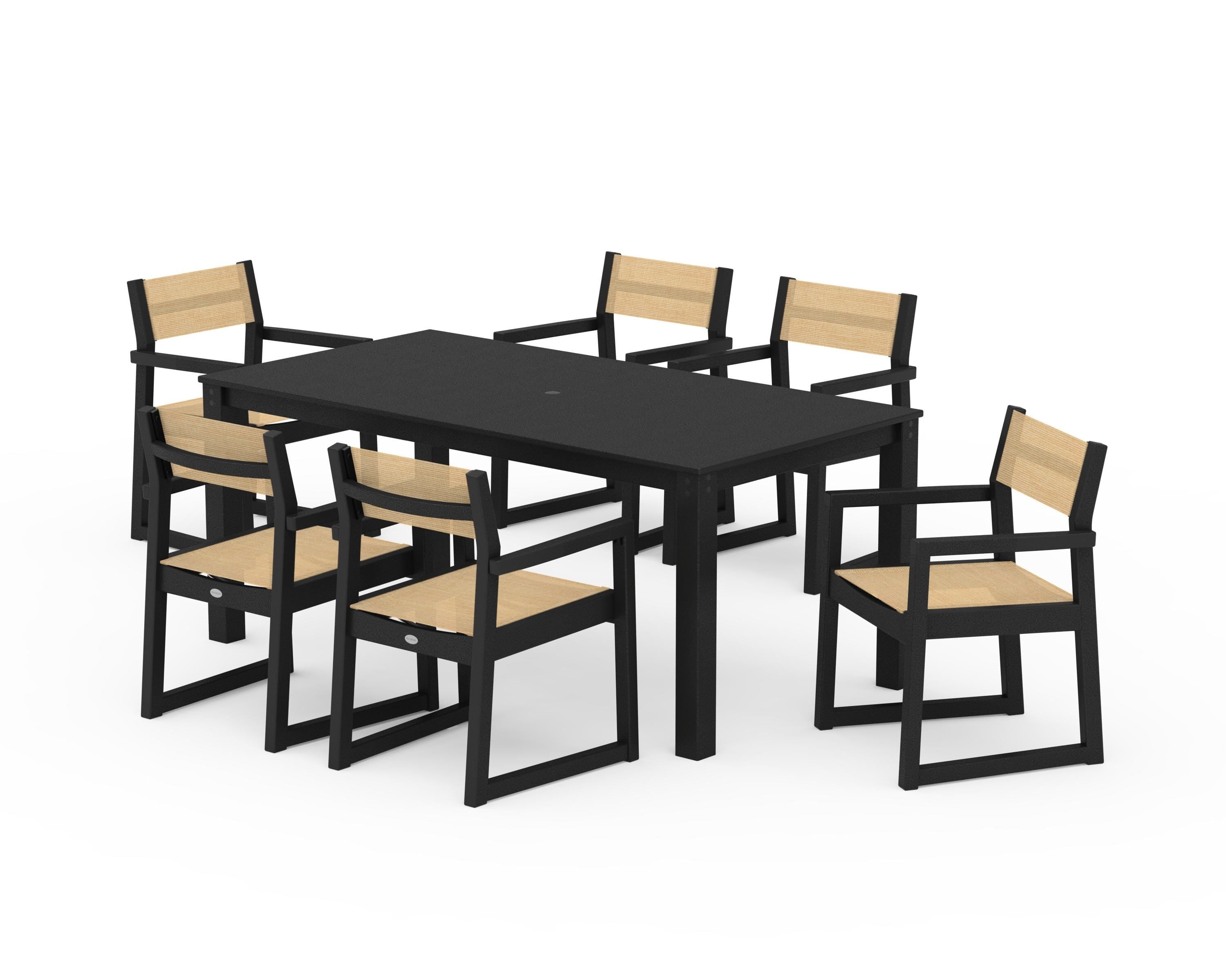 POLYWOOD EDGE Sling Arm Chair 7-Piece Parsons Dining Set in Black / Dupioni Apricot Sling