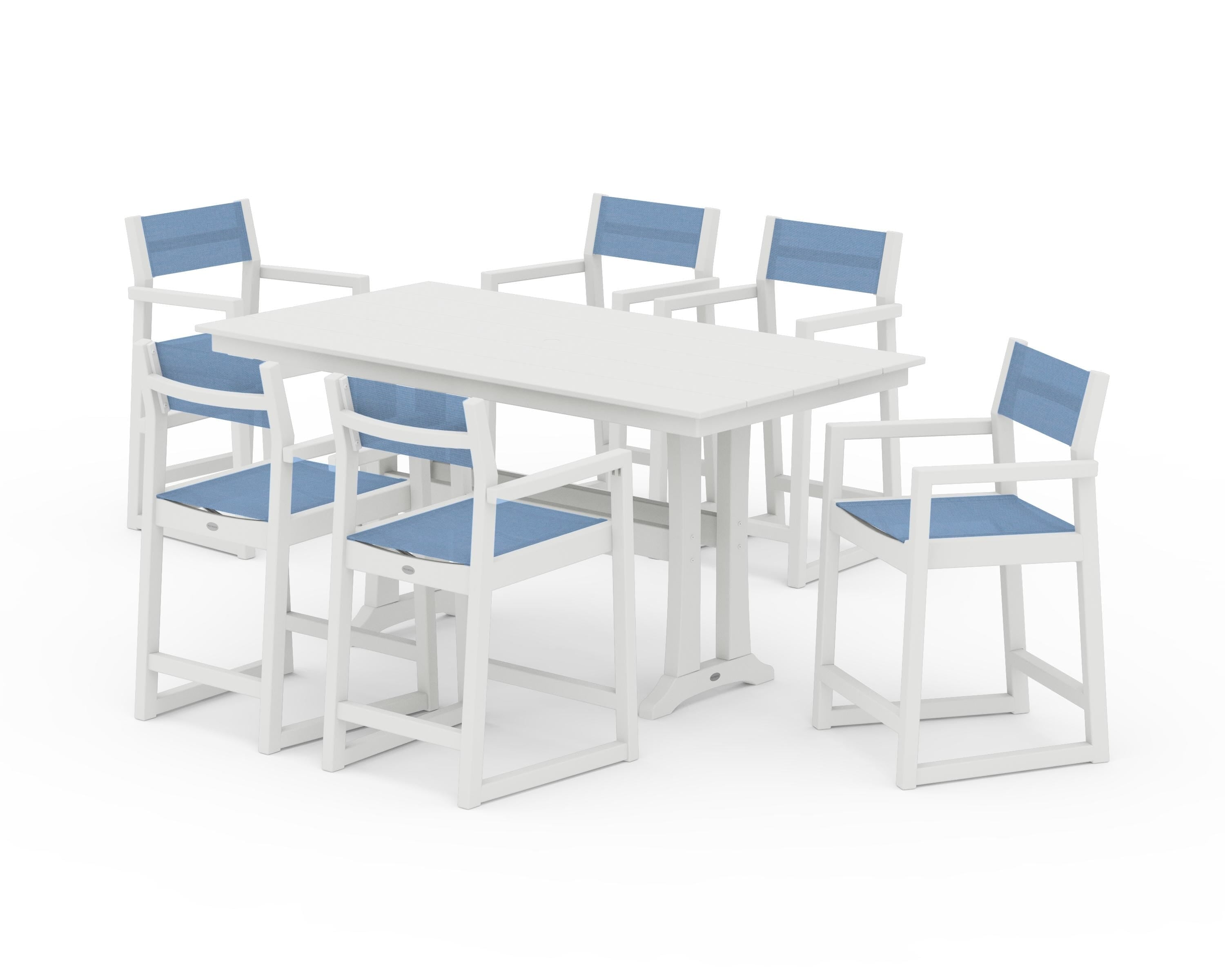POLYWOOD EDGE Sling Arm Chair 7-Piece Farmhouse Counter Set with Trestle Legs in Vintage White / Poolside Sling