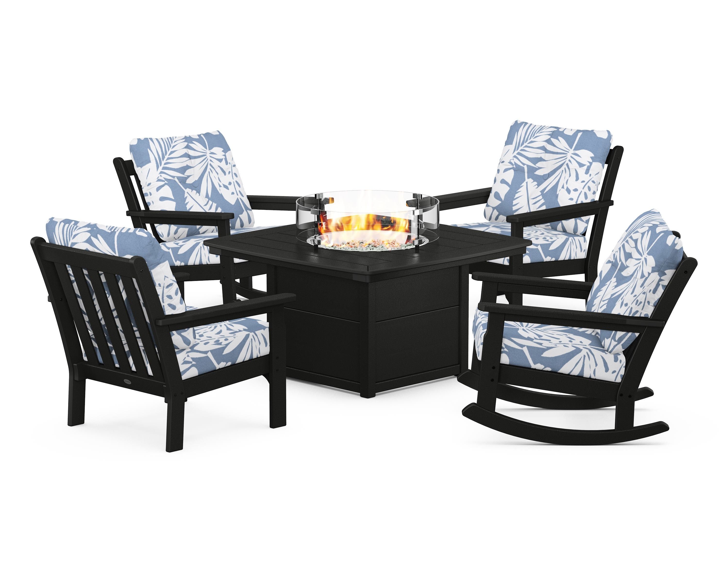 POLYWOOD Vineyard 5-Piece Deep Seating Rocking Chair Conversation Set with Fire Pit Table in Black / Leaf Sky Blue