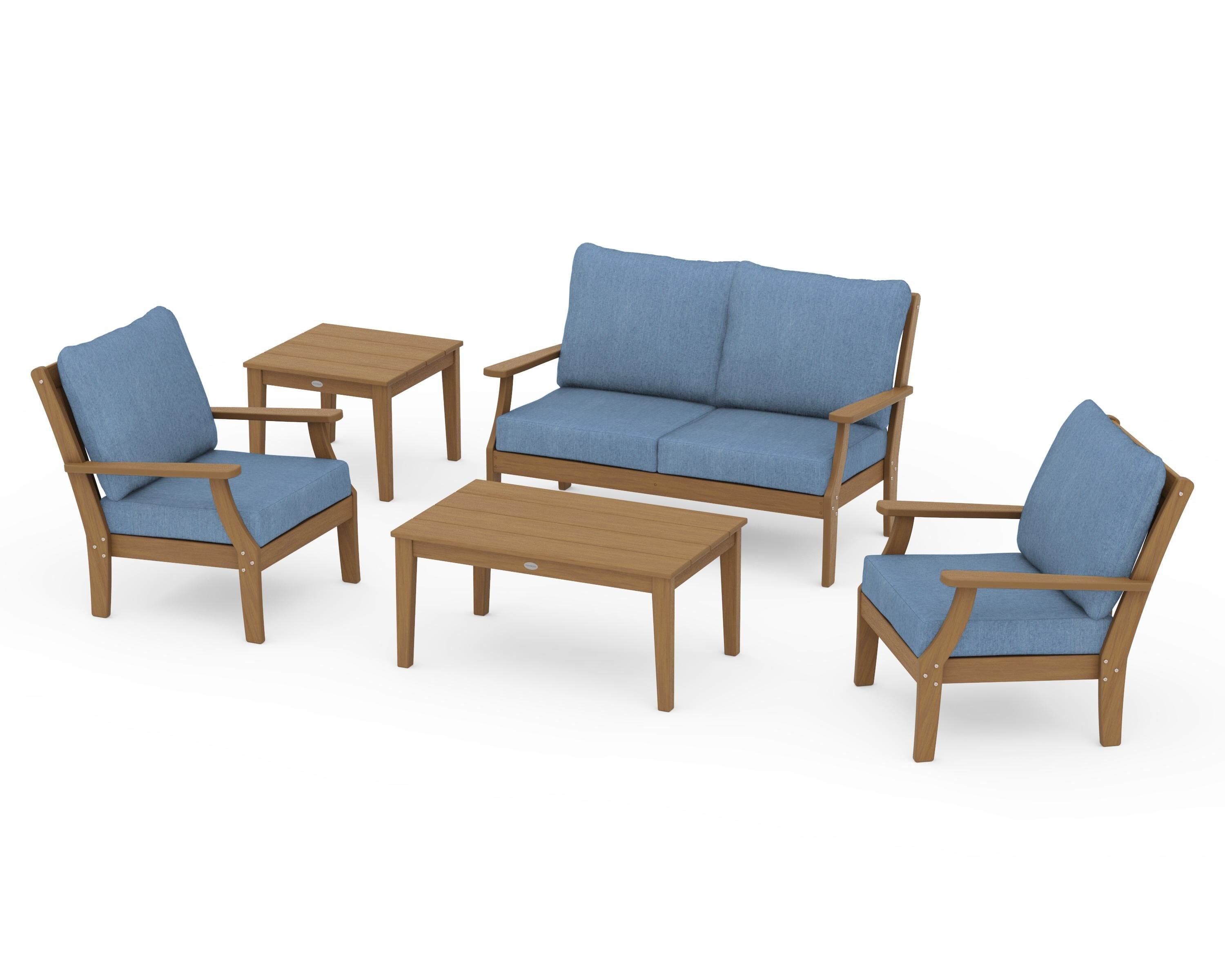 POLYWOOD Braxton 5-Piece Deep Seating Set in Natural / Sky Blue