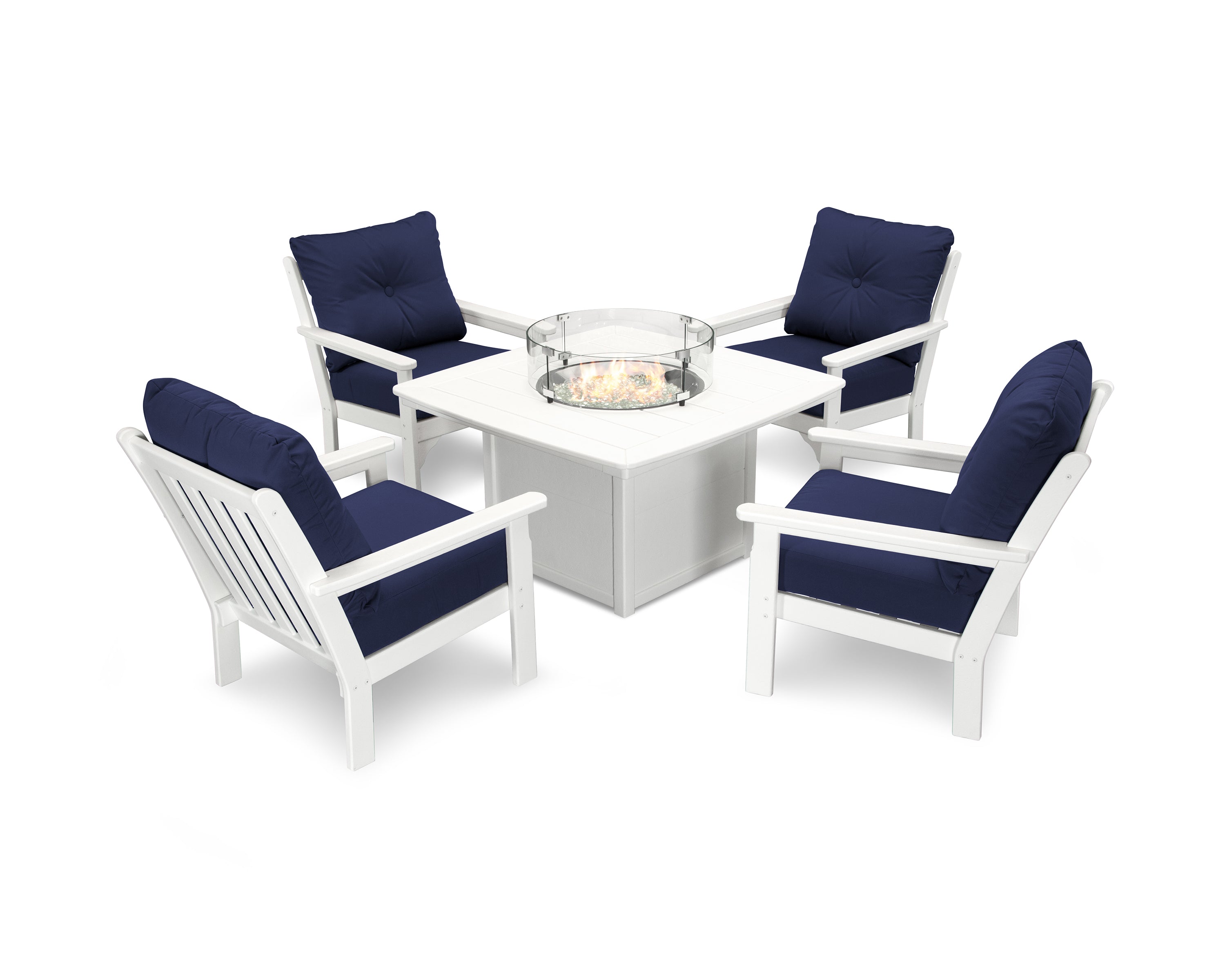 POLYWOOD Vineyard 5-Piece Conversation Set with Fire Pit Table in White / Navy