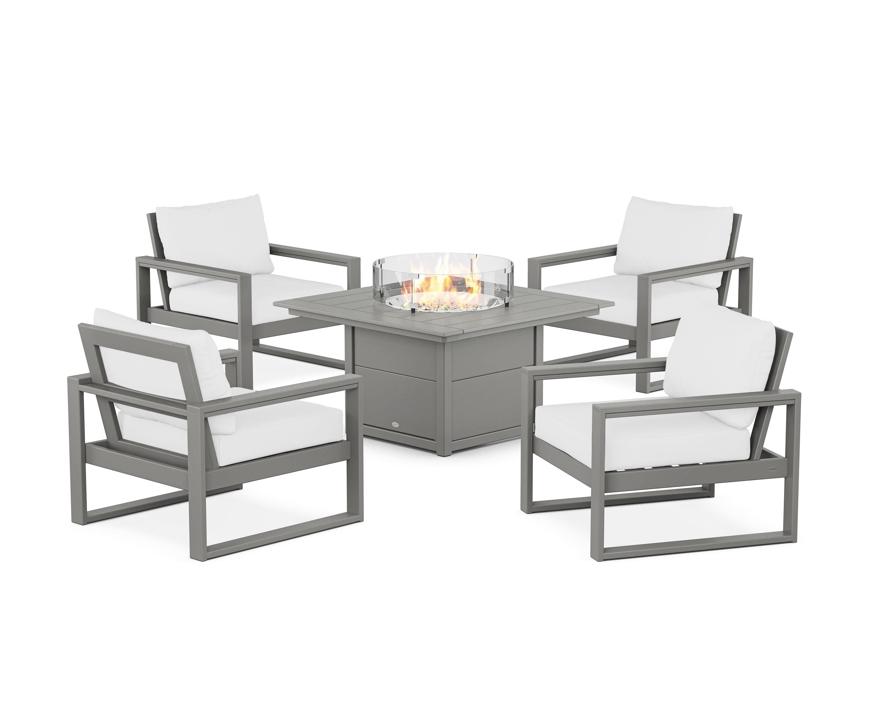 POLYWOOD EDGE Sectional 5-Piece Deep Seating Set with Fire Pit Table in Slate Grey / Natural
