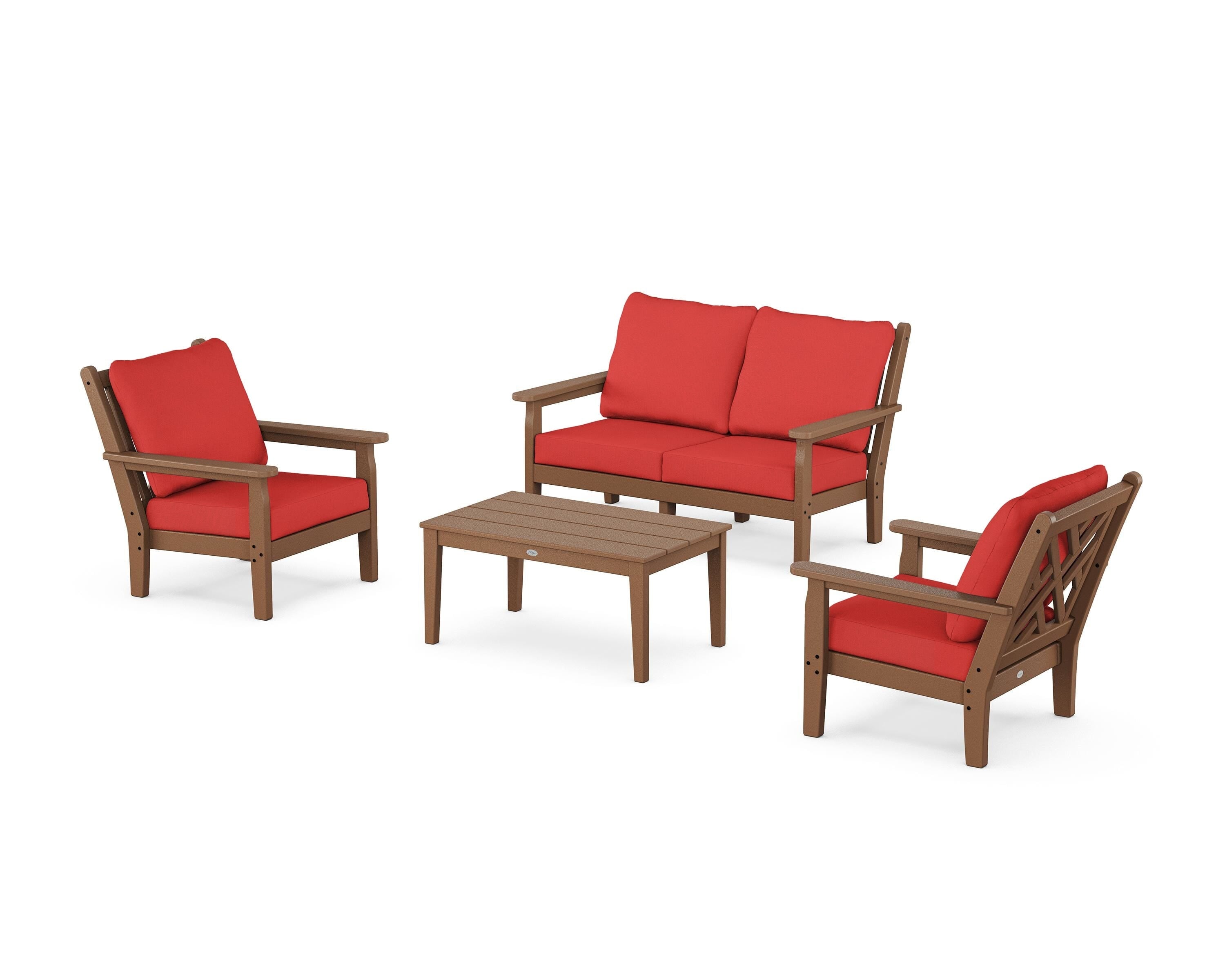 POLYWOOD Chippendale 4-Piece Deep Seating Set with Loveseat in Teak / Crimson Linen