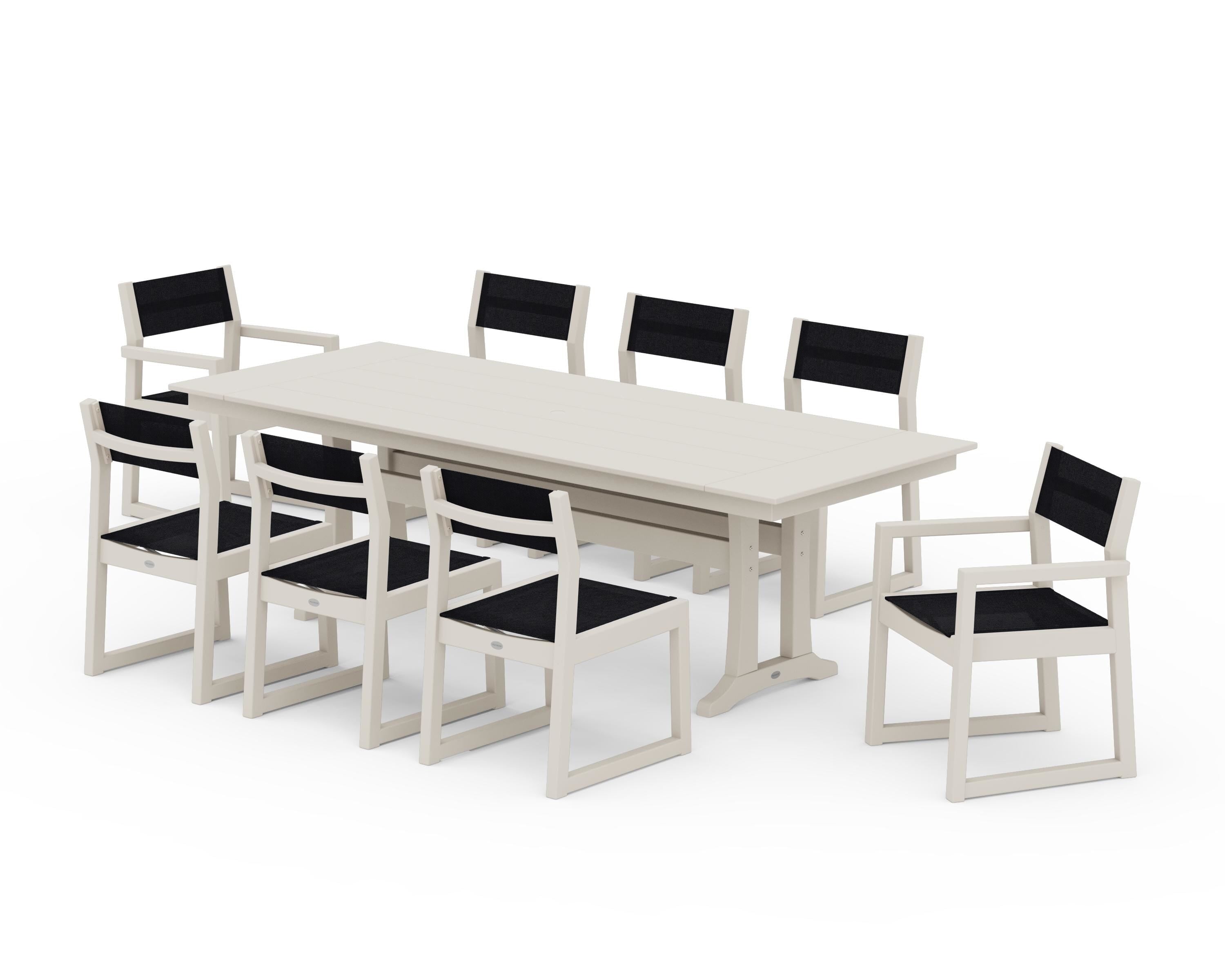 POLYWOOD EDGE Sling 9-Piece Farmhouse Trestle Dining Set in Sand / Black Sling