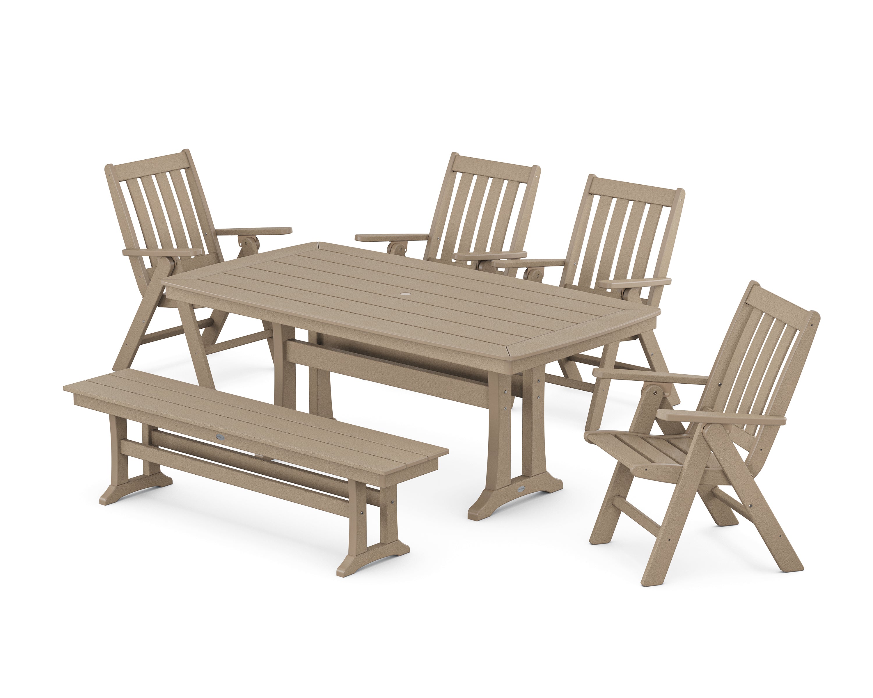 POLYWOOD Vineyard Folding Chair 6-Piece Dining Set with Trestle Legs and Bench in Vintage Sahara