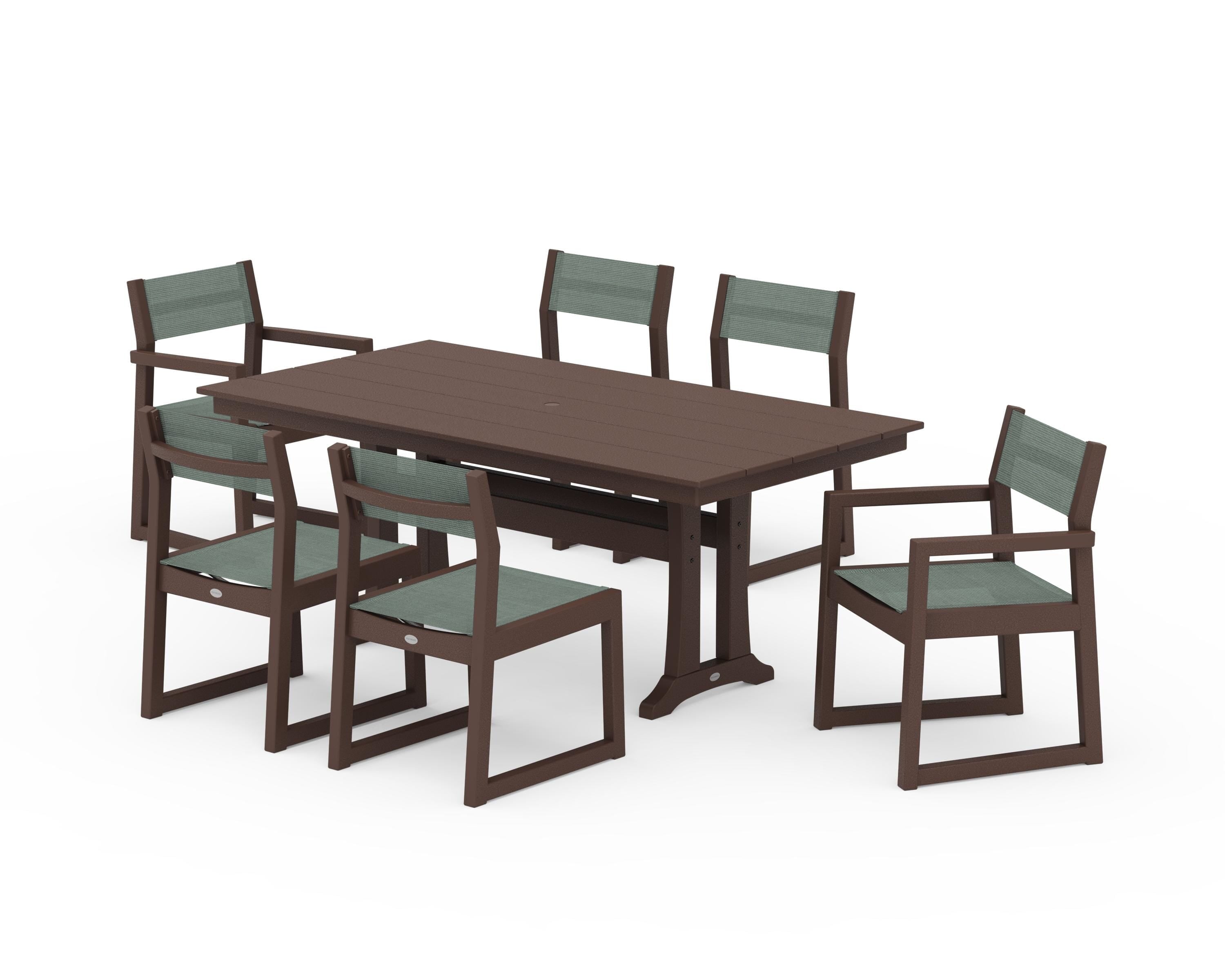 POLYWOOD EDGE Sling 7-Piece Farmhouse Trestle Dining Set in Mahogany / Dupioni Sea Mist Sling