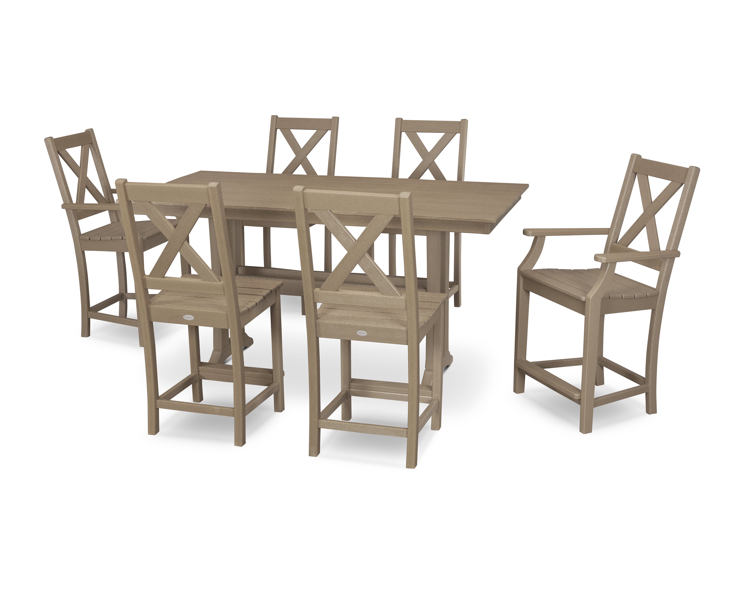 POLYWOOD® Braxton 7-Piece Farmhouse Trestle Counter Set in Vintage Sahara