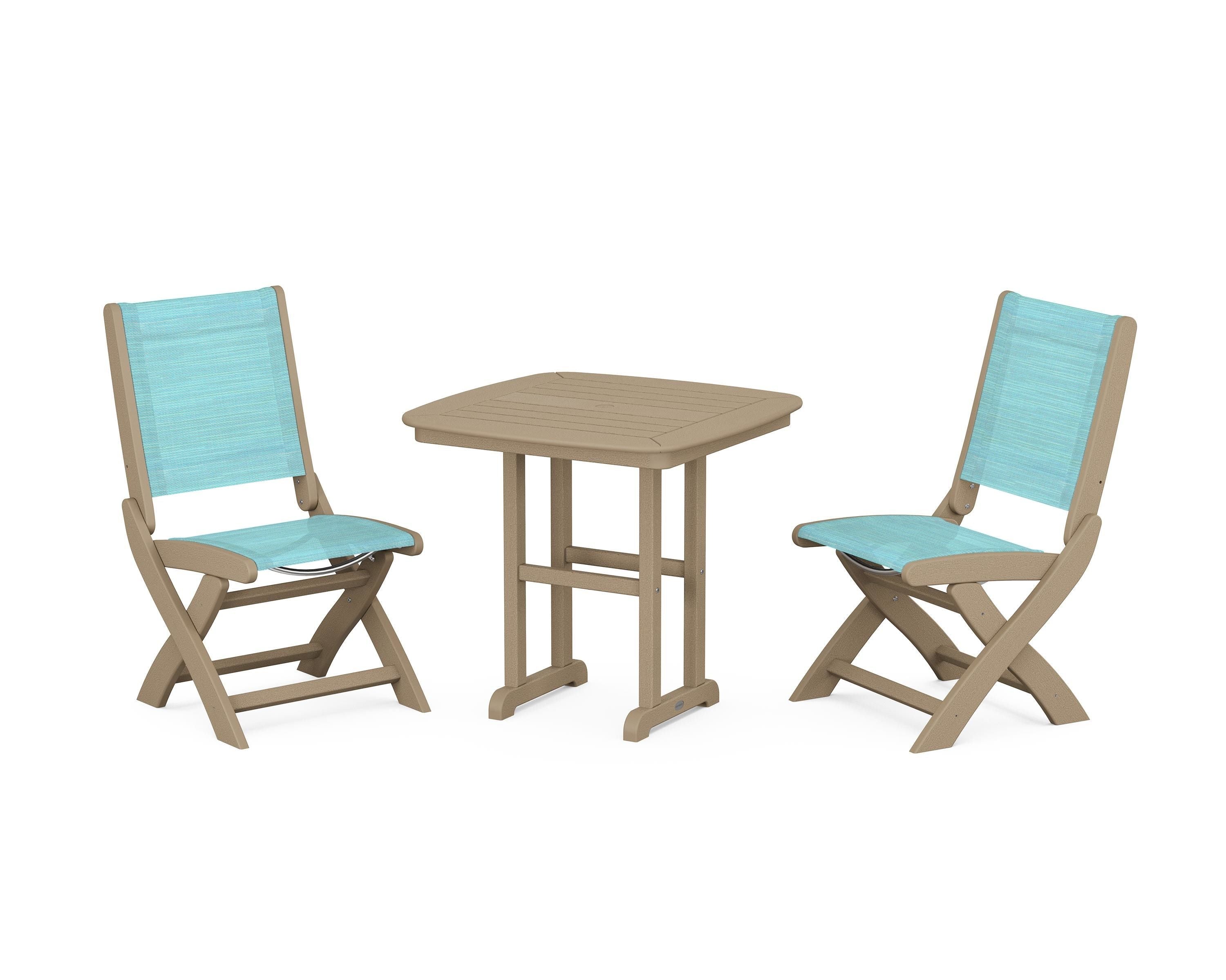 POLYWOOD Coastal Folding Side Chair 3-Piece Dining Set in Vintage Sahara / Dupioni Aquamarine Sling