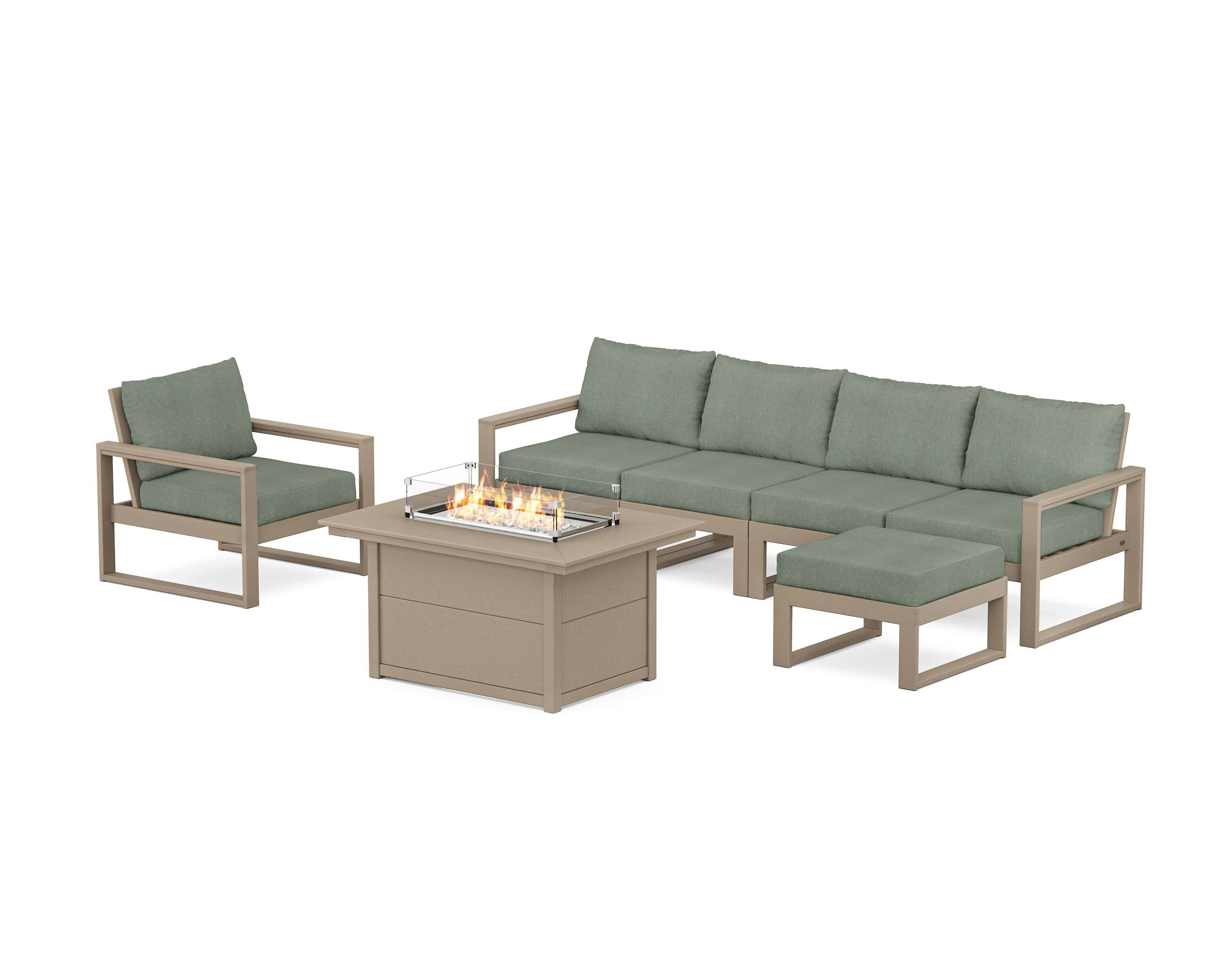 POLYWOOD EDGE Sectional Lounge and Fire Pit Set in Vintage Sahara / Cast Sage
