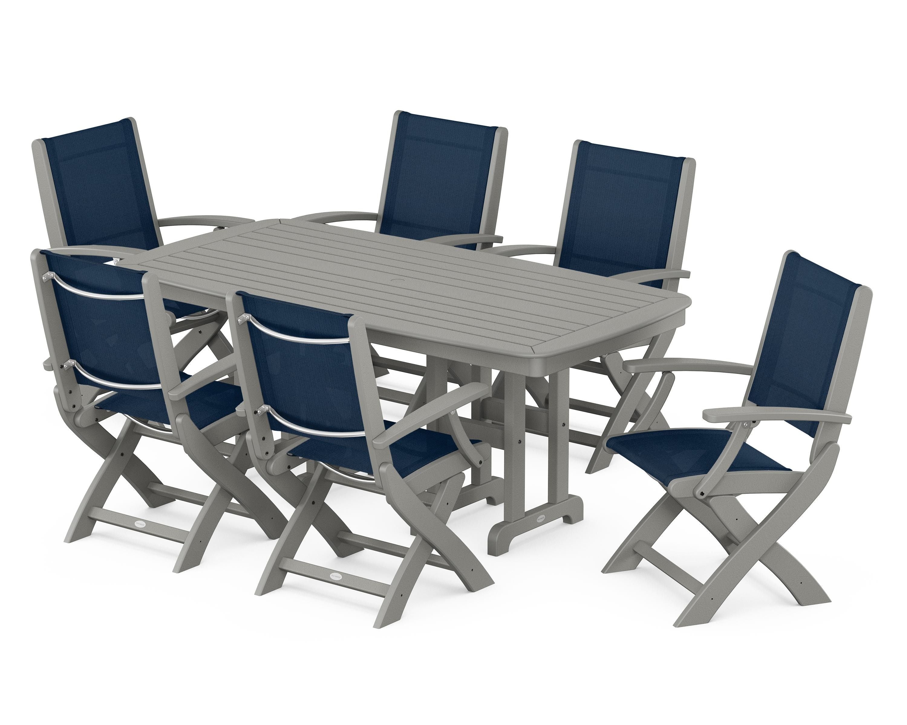 POLYWOOD Coastal Folding Arm Chair 7-Piece Dining Set in Slate Grey / Navy Blue Sling
