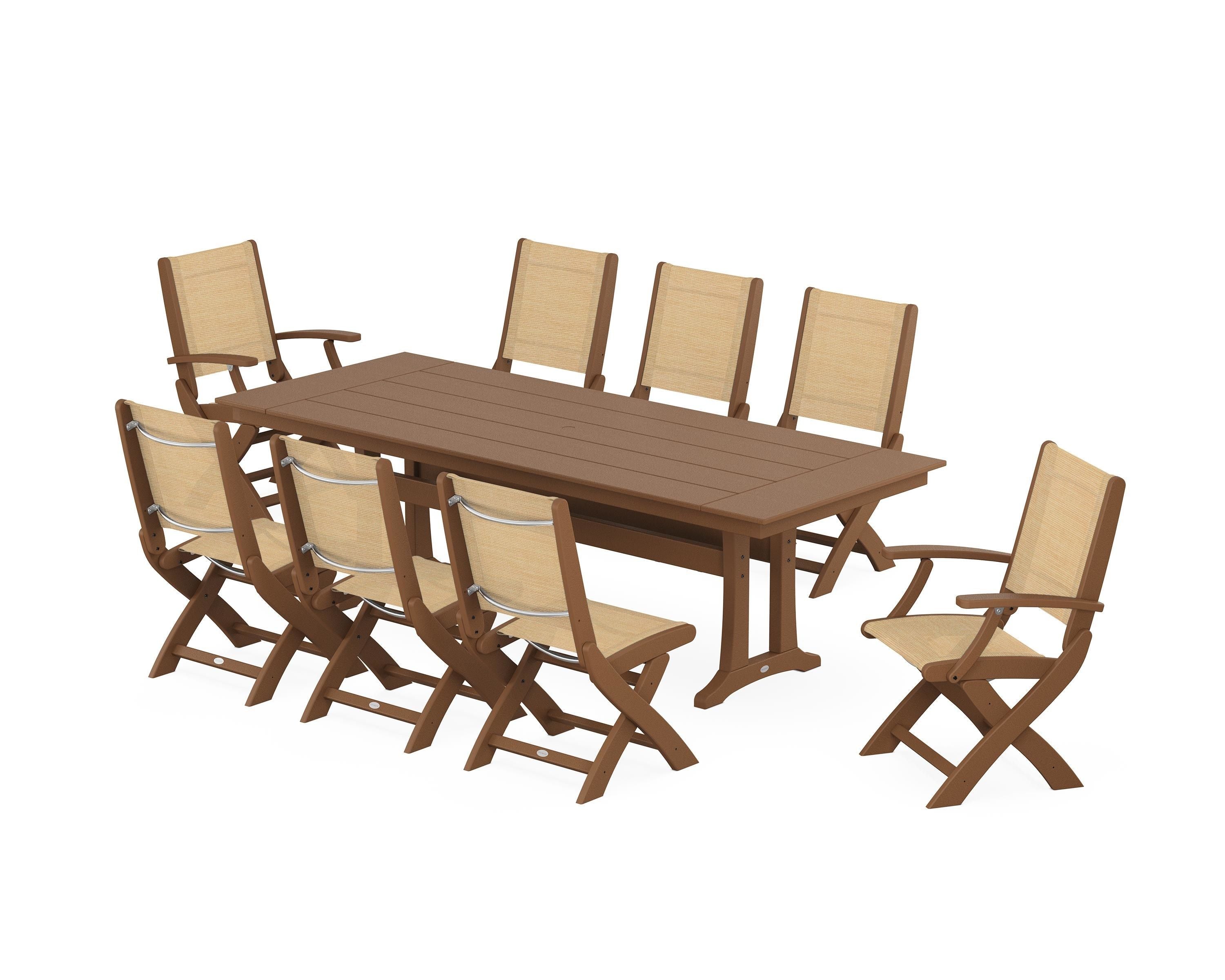 POLYWOOD Coastal 9-Piece Folding Dining Chair Farmhouse Dining Set with Trestle Legs in Teak / Dupioni Apricot Sling