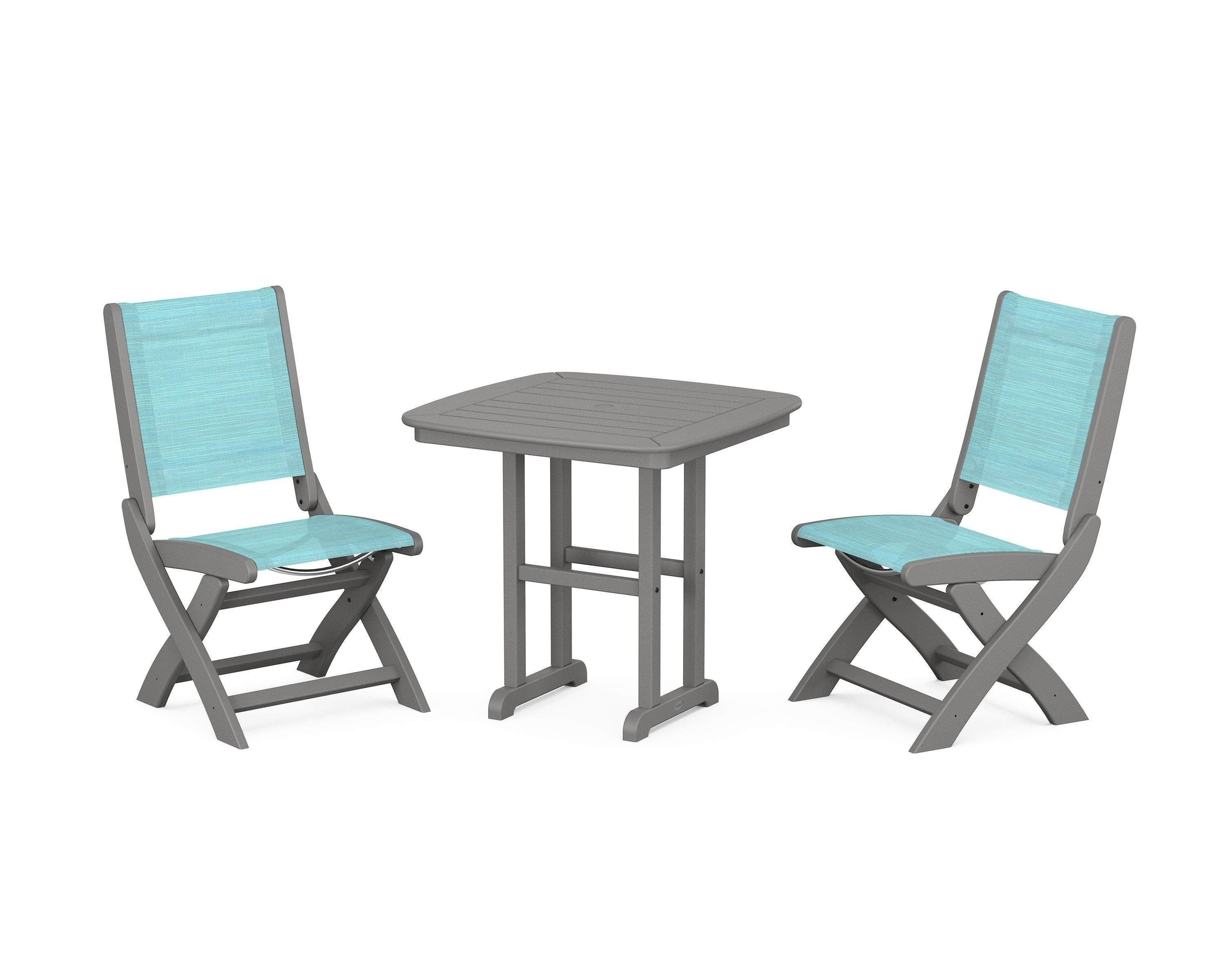 POLYWOOD Coastal Folding Side Chair 3-Piece Dining Set in Slate Grey / Dupioni Aquamarine Sling