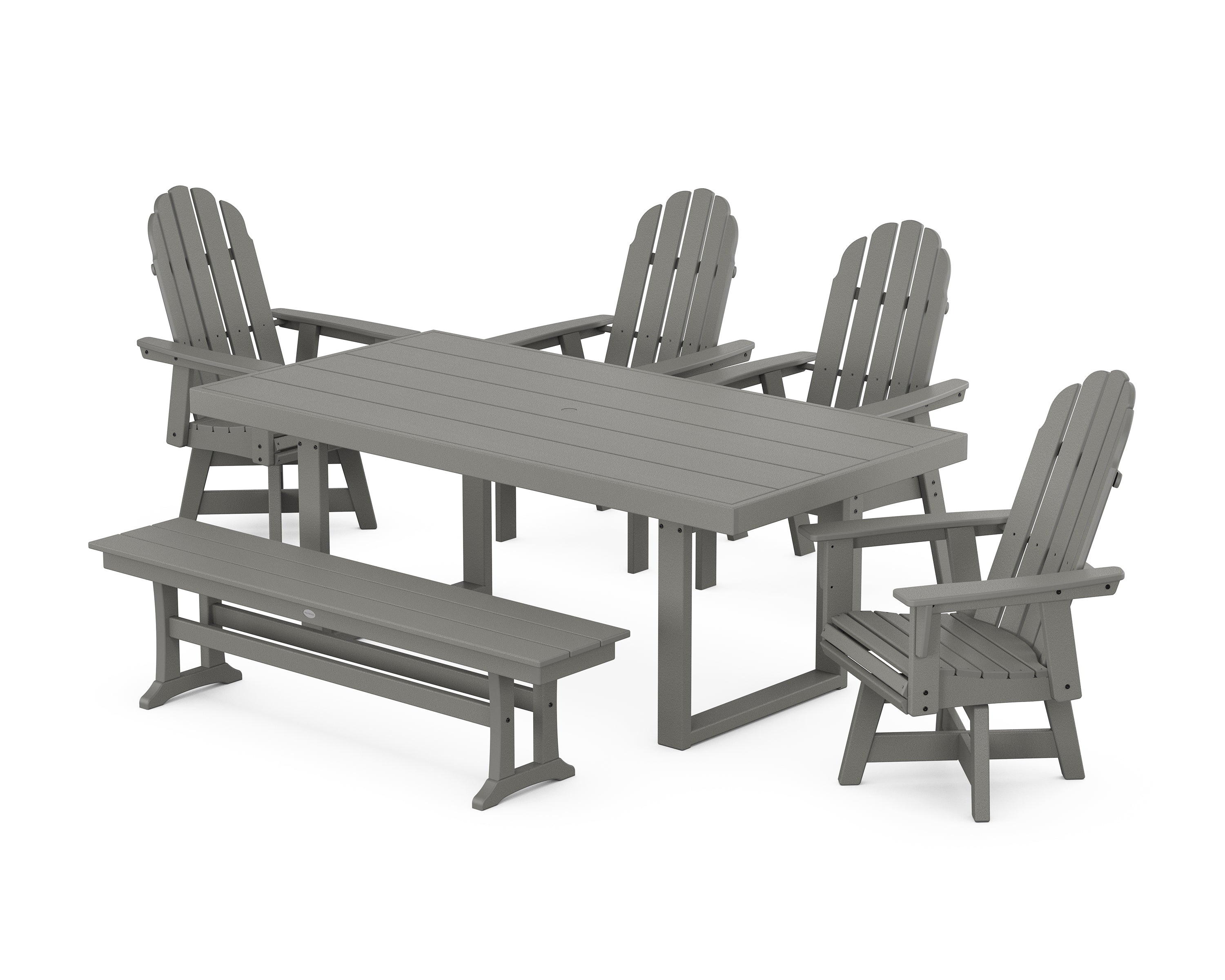 POLYWOOD® Vineyard Curveback Adirondack Swivel Chair 6-Piece Dining Set with Bench in Slate Grey