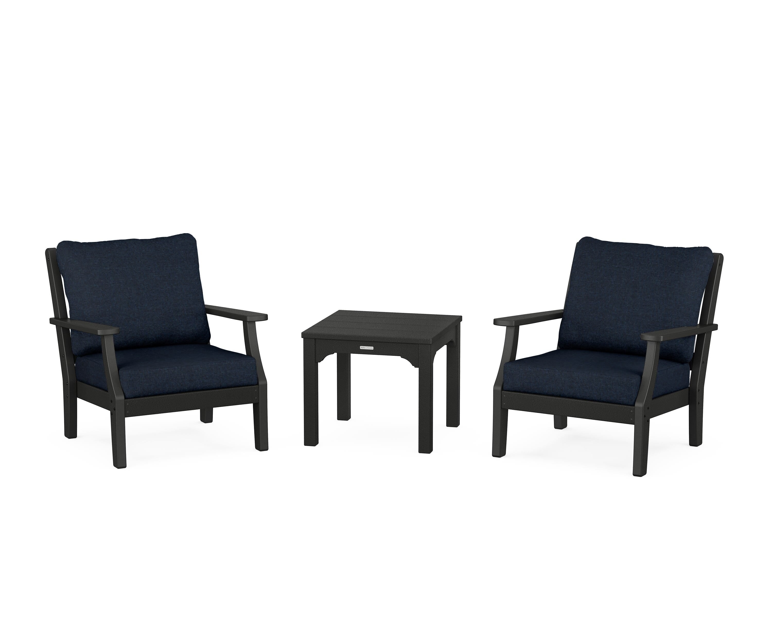 Martha Stewart by POLYWOOD Chinoiserie 3-Piece Deep Seating Set in Black / Marine Indigo