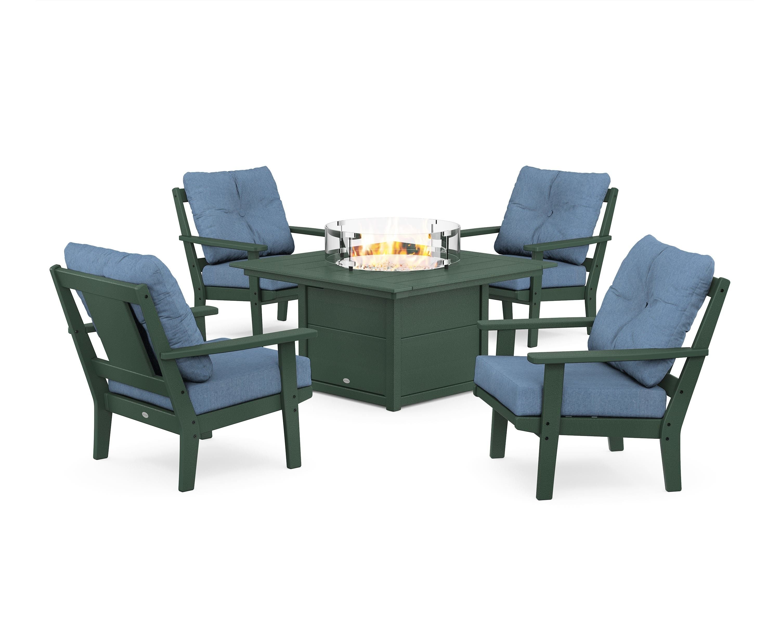 POLYWOOD Prairie 5-Piece Deep Seating Set with Fire Pit Table in Green / Sky Blue