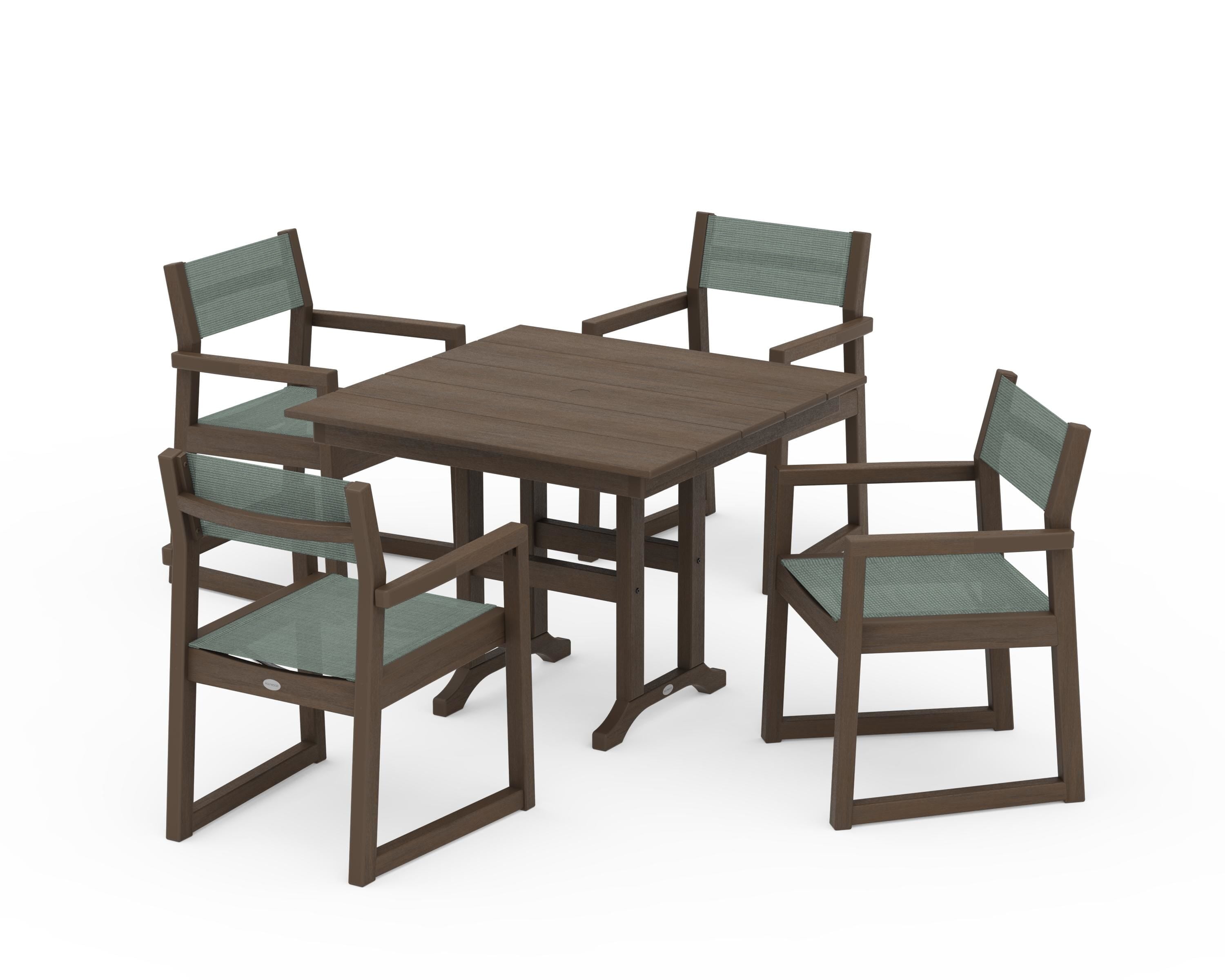 POLYWOOD EDGE Sling Arm Chair 5-Piece Farmhouse Dining Set in Kona / Dupioni Sea Mist Sling