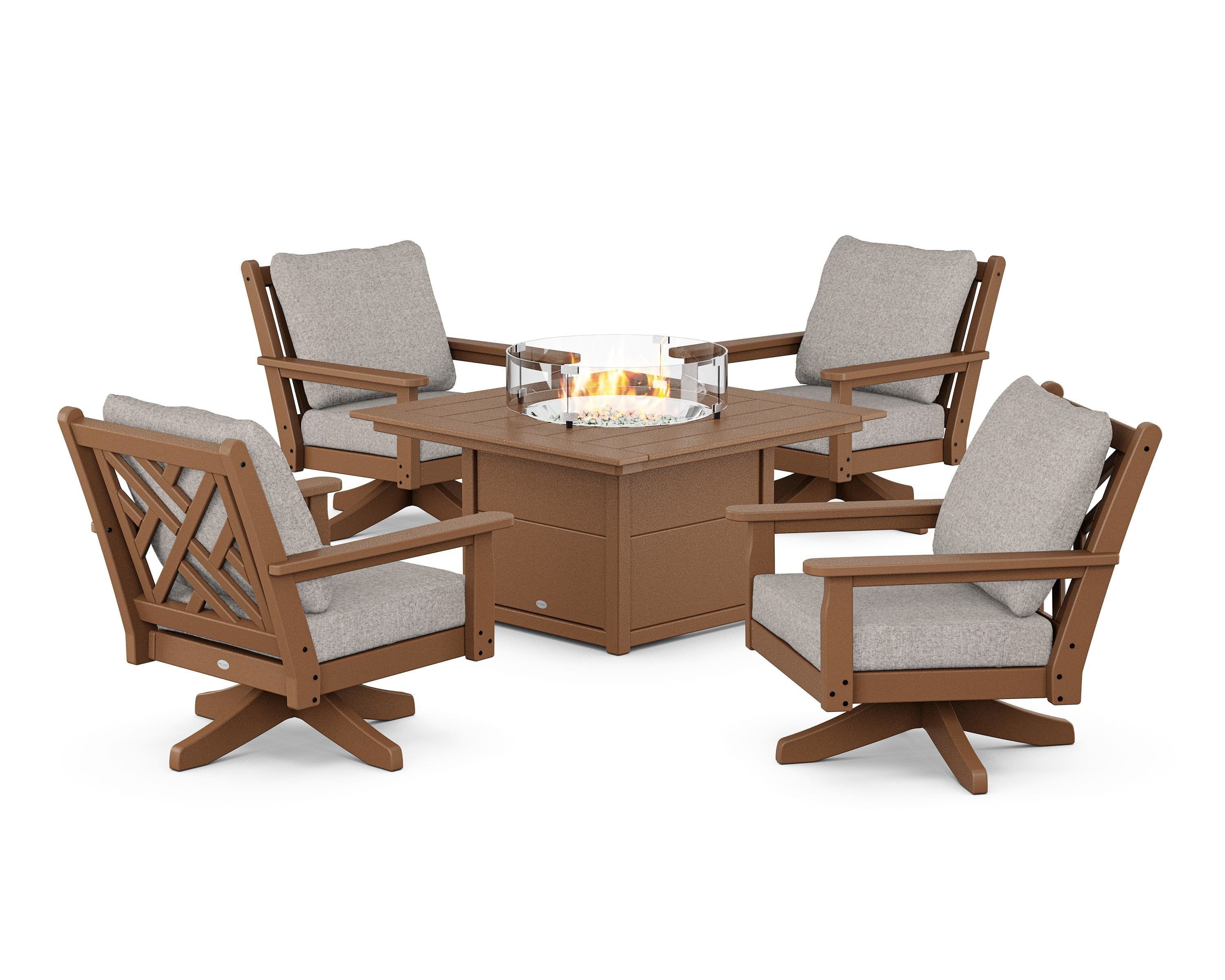 POLYWOOD Chippendale 5-Piece Deep Seating Swivel Conversation Set with Fire Pit Table in Teak / Weathered Tweed