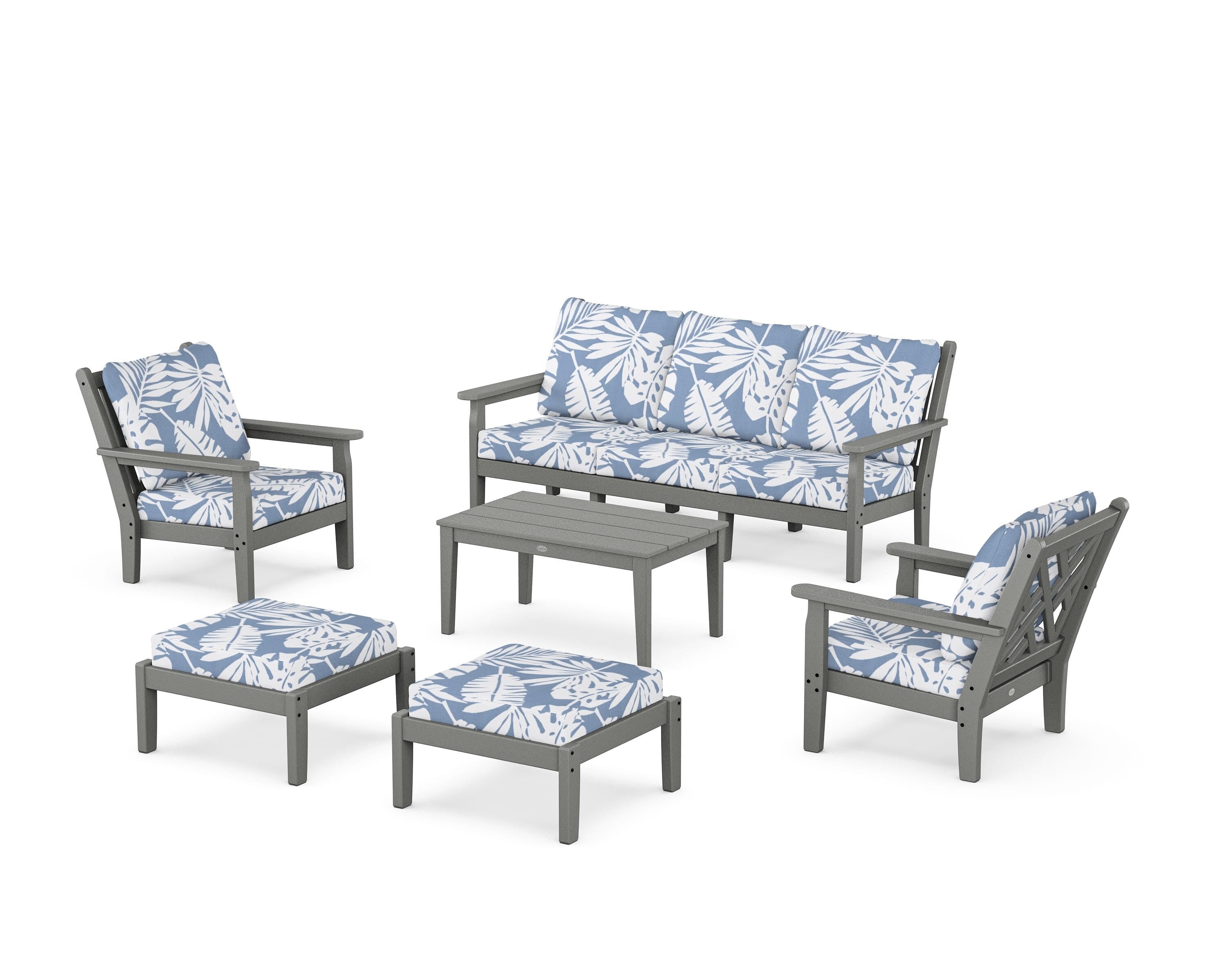 POLYWOOD Chippendale 6-Piece Lounge Sofa Set in Slate Grey / Leaf Sky Blue