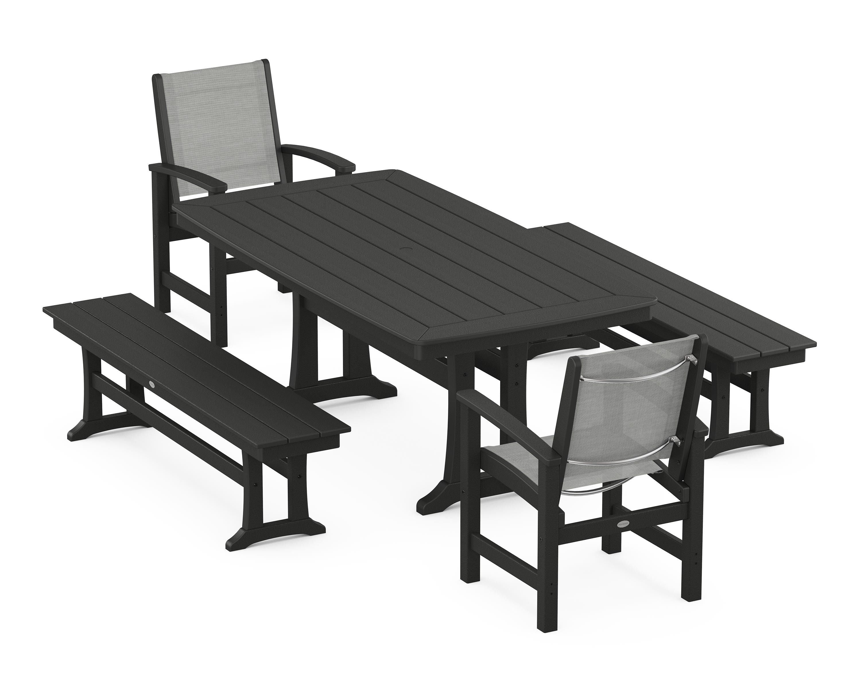 POLYWOOD Coastal 5-Piece Dining Set with Trestle Legs and Benches in Black / Metallic Sling