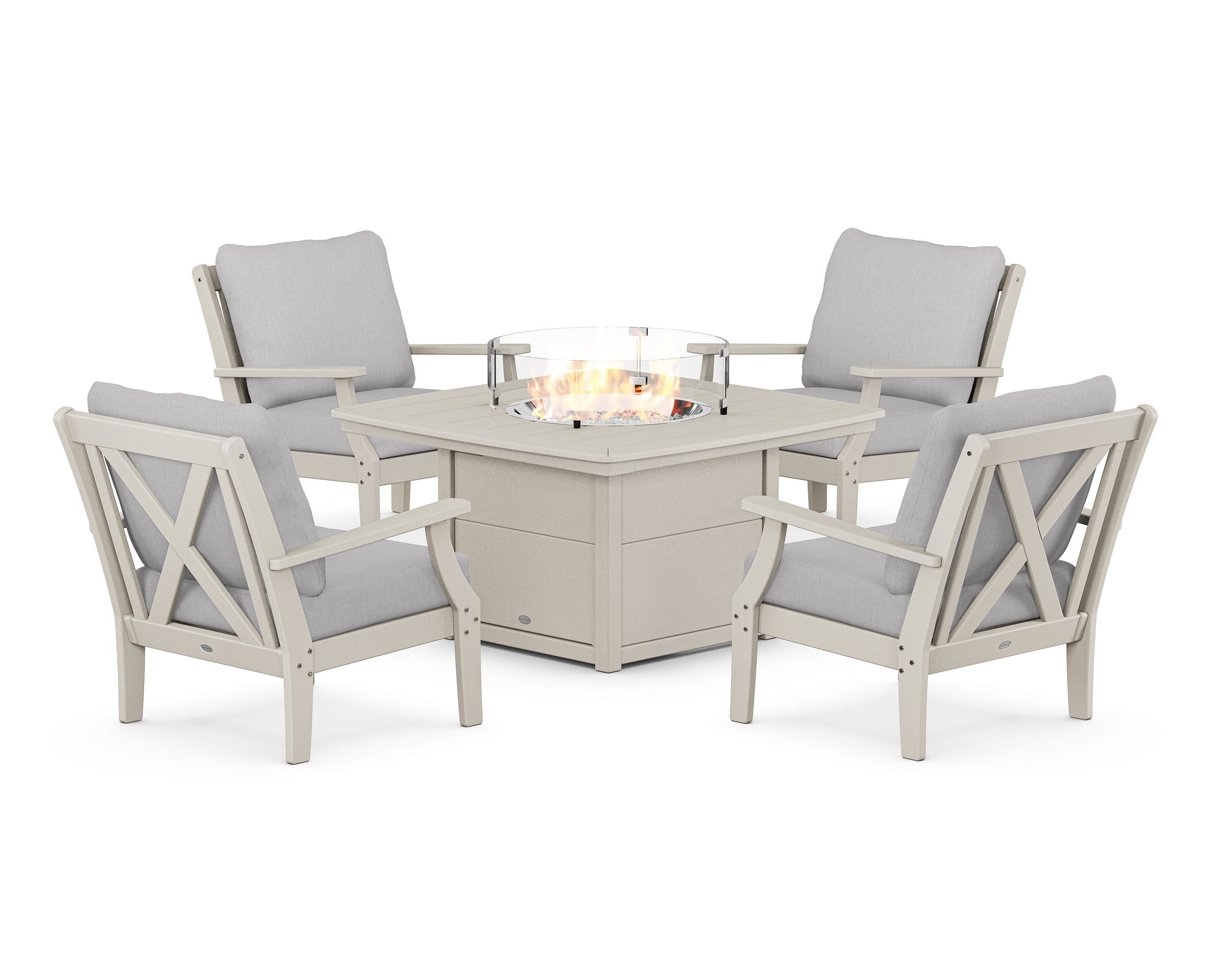 POLYWOOD Braxton 5-Piece Deep Seating Conversation Set with Fire Pit Table in Sand / Granite