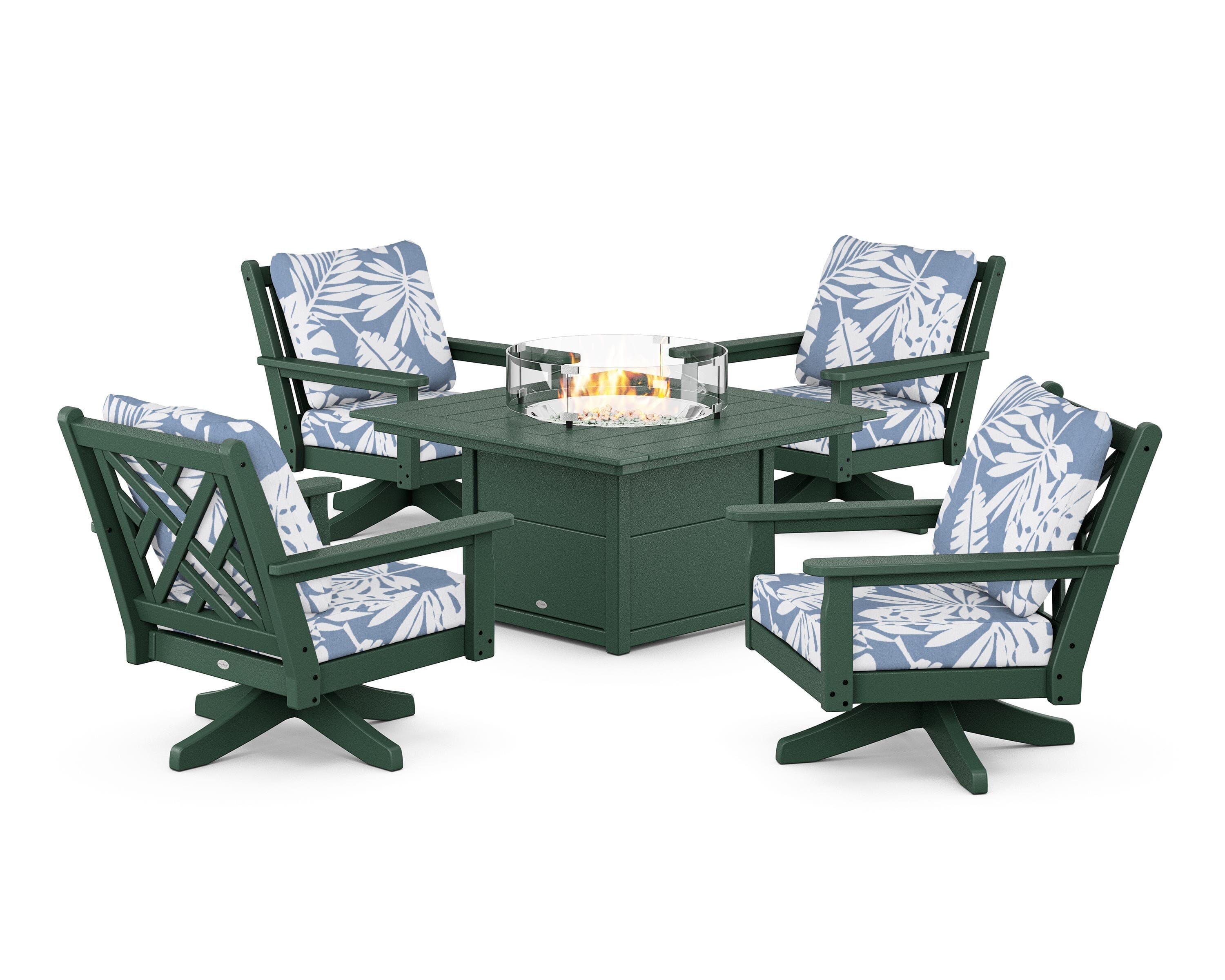 POLYWOOD Chippendale 5-Piece Deep Seating Swivel Conversation Set with Fire Pit Table in Green / Leaf Sky Blue