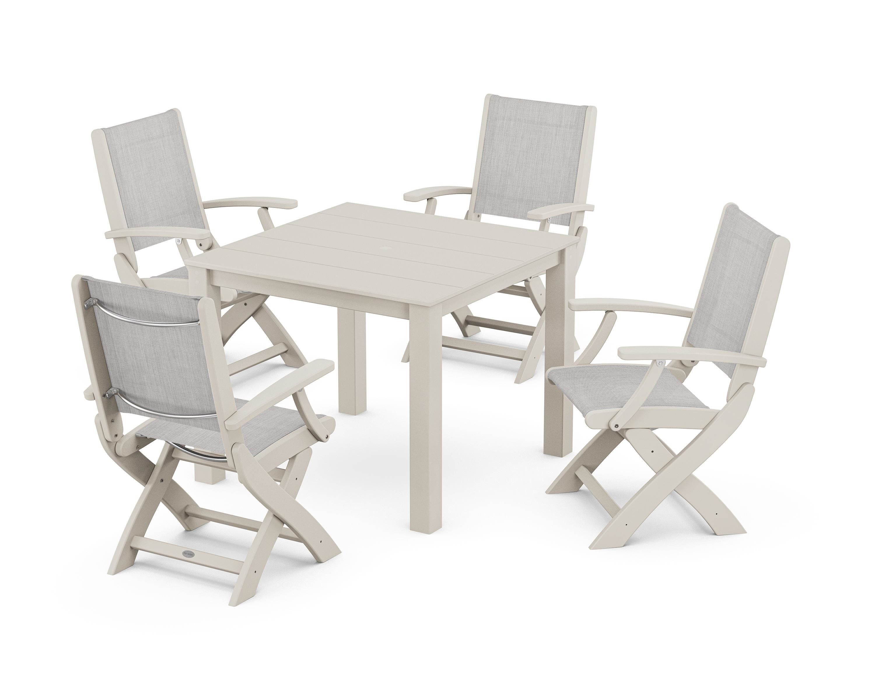 POLYWOOD Coastal Folding Chair 5-Piece Parsons Dining Set in Sand / Parchment Sling