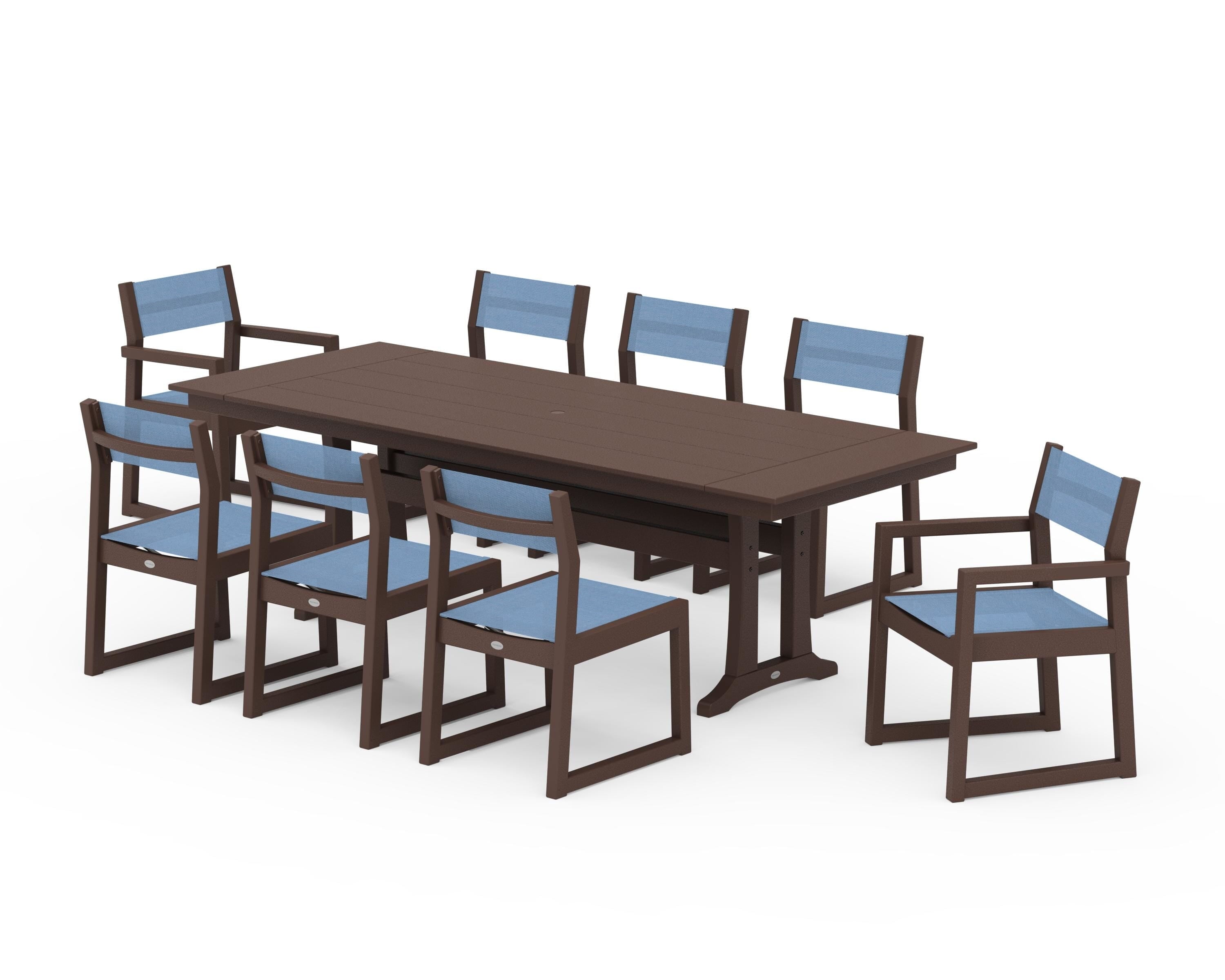 POLYWOOD EDGE Sling 9-Piece Farmhouse Trestle Dining Set in Mahogany / Poolside Sling