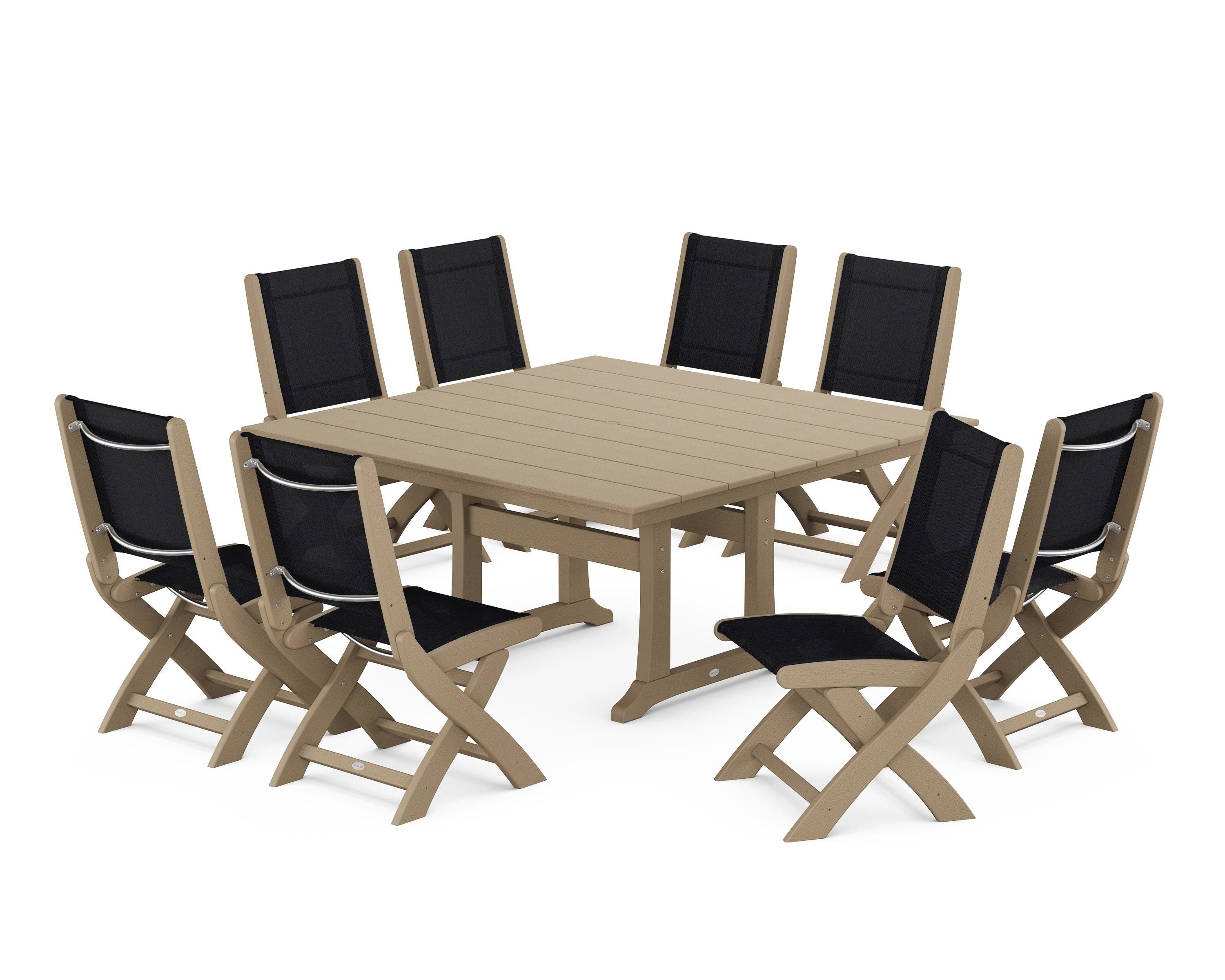POLYWOOD Coastal Folding Side Chair 9-Piece Farmhouse Dining Set in Vintage Sahara / Black Sling