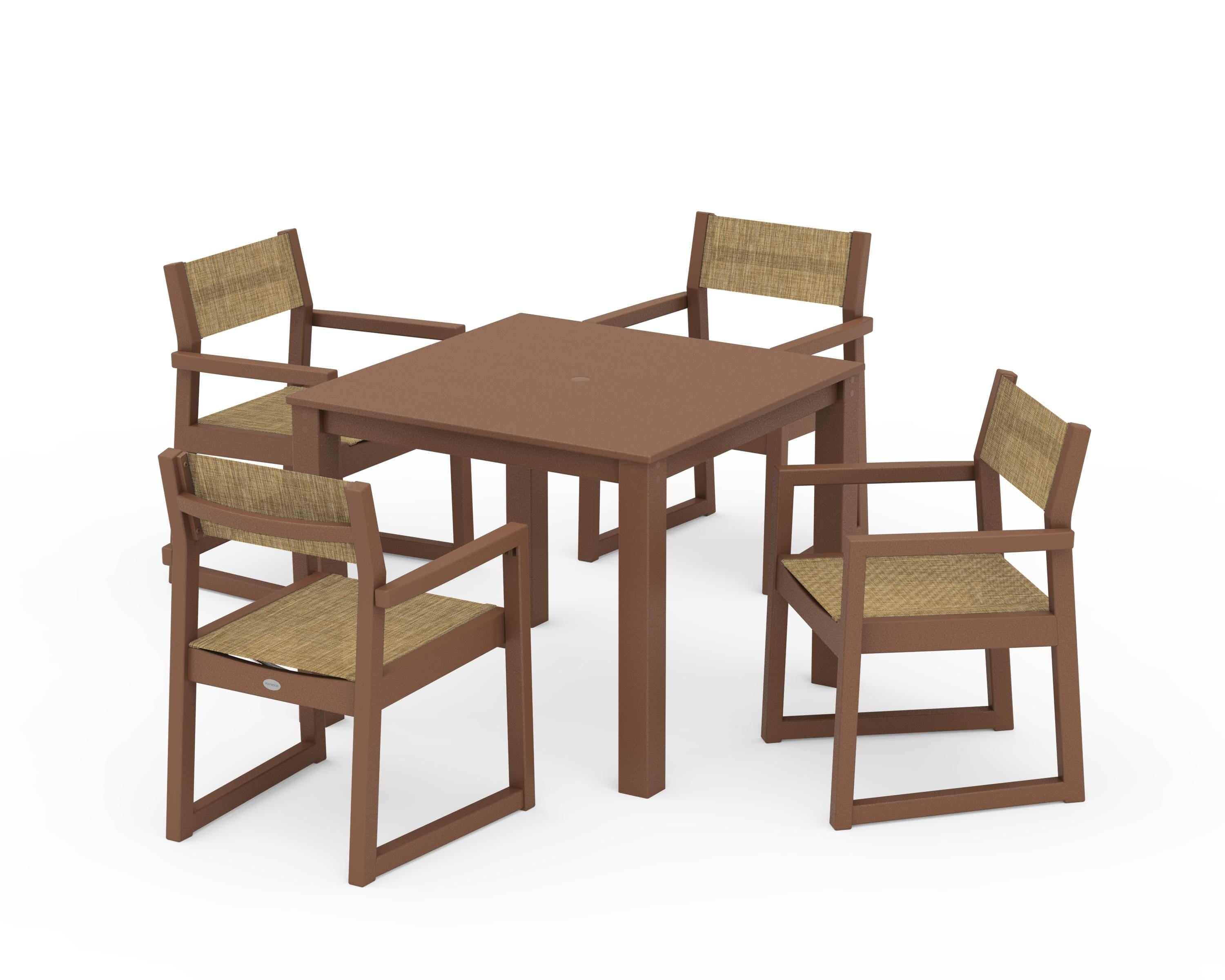 POLYWOOD EDGE Sling Arm Chair 5-Piece Parsons Dining Set in Teak / Burlap Sling
