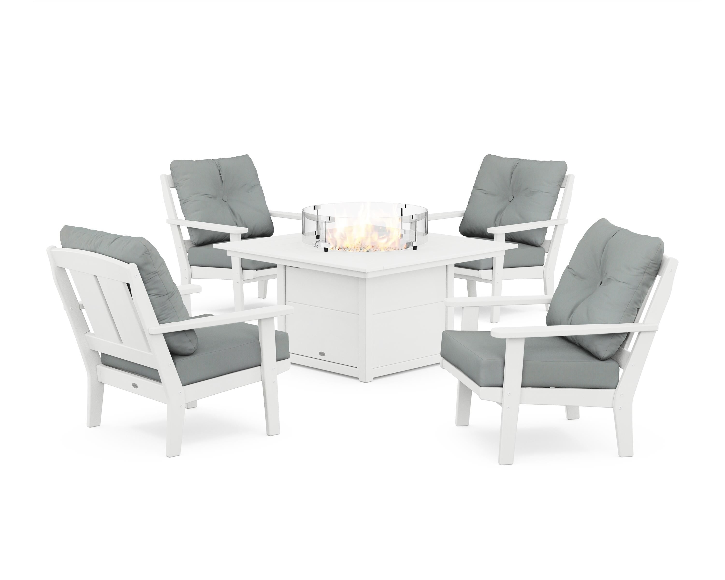 POLYWOOD Mission 5-Piece Deep Seating Set with Fire Pit Table in White / Spa