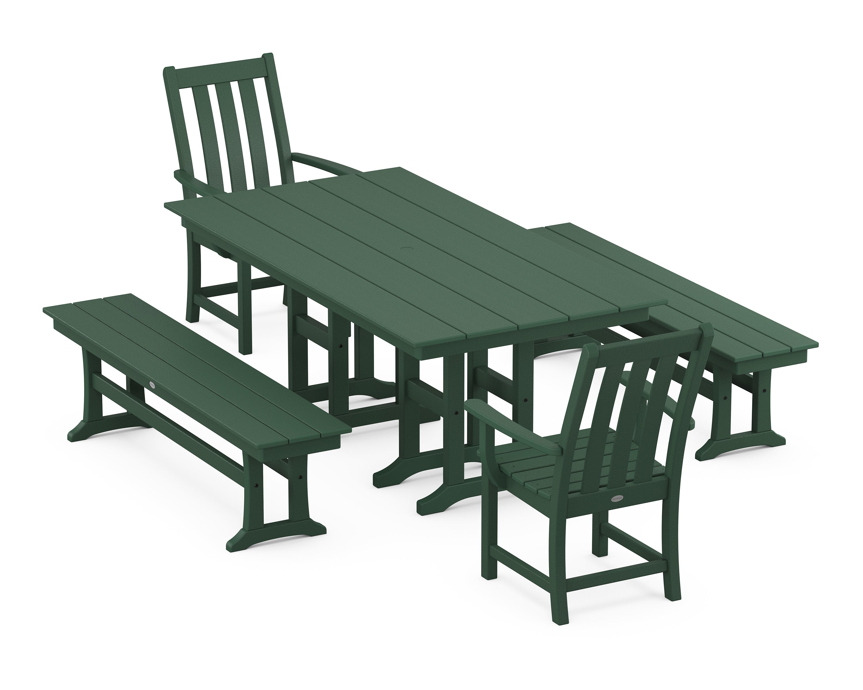 POLYWOOD® Vineyard 5-Piece Farmhouse Dining Set with Benches in Green